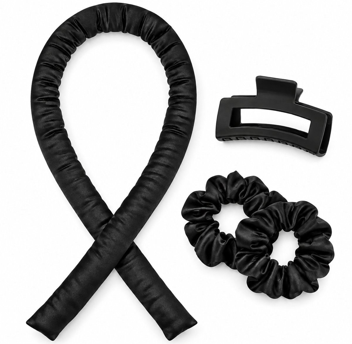 Heatless Curls Set – Krullen Zonder Hitte – Satijnen Krulband – Overnight Hair Curler – Inclusief 2 Scrunchies & Haarklem – Zwart