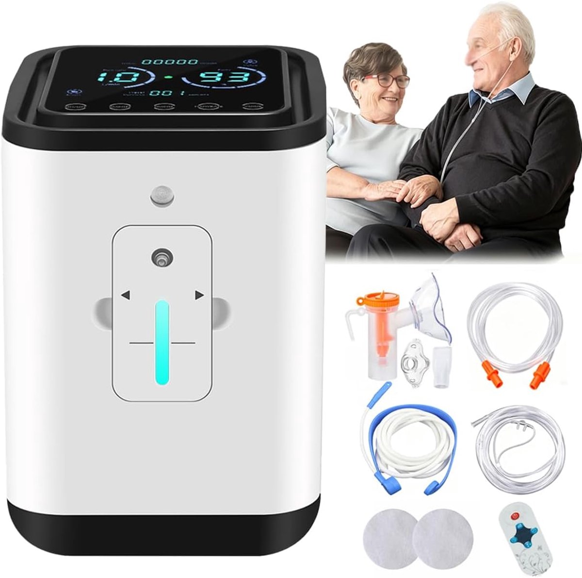 Zuurstofmachine voor thuis, 93% zeer zuivere zuurstofconcentrator voor thuis, 1-7 l/min instelbaar, 45 dB geluidsarm, met verstuivingsfunctie