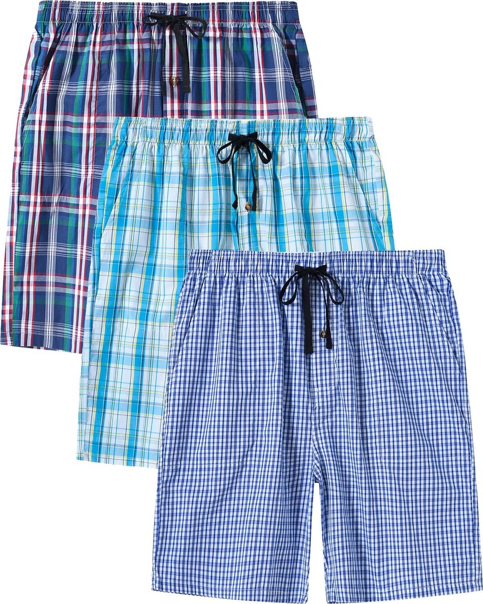 Broek Pyjama voor Heren, Katoen, Geruit, Korte Zomernachtkleding, Slaapshorts met Zakken, Pack van 3 -D, L
