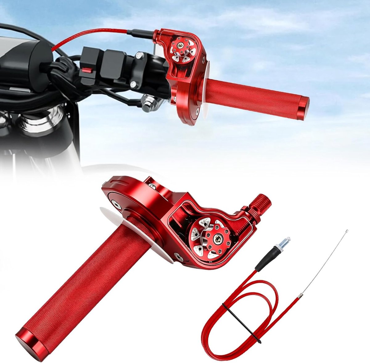 Snelgasgreep voor motorfiets, 22 mm, snelgashendel, montage met 1,2 m kabel en handgrepen, stuurgrepen, Quick Turn Twist gaskabel, kit voor pit dirt bike, scooter, rood
