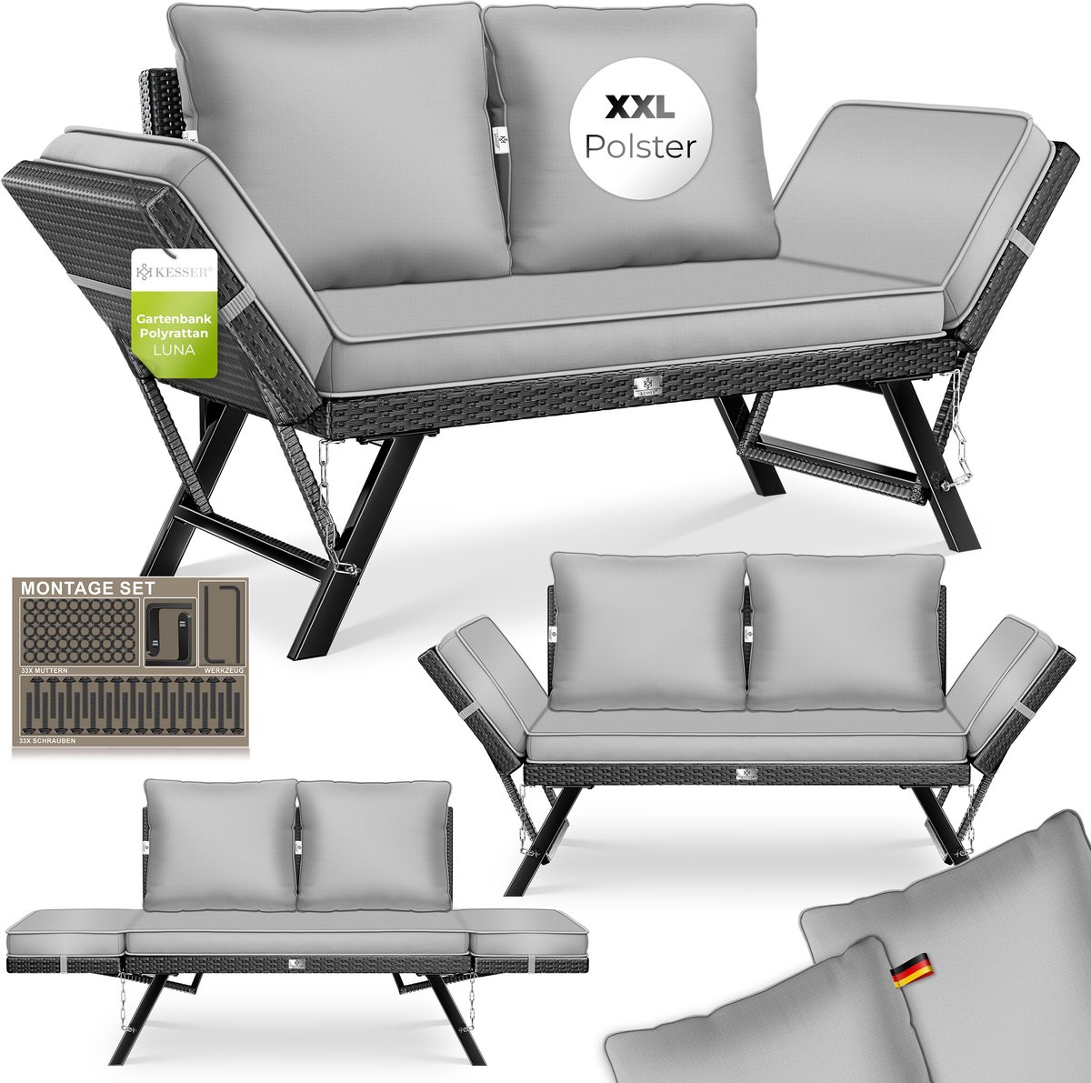 KESSER® Luna Polyrattan Tuinbank met Ligfunctie, Tuinbank, 4-in-1 Verstelfunctie, Tuinbank Weerbestendige Balkonbank, Verstelbare Armleuningen, Extra Dikke & Zachte Vulling, Tuin