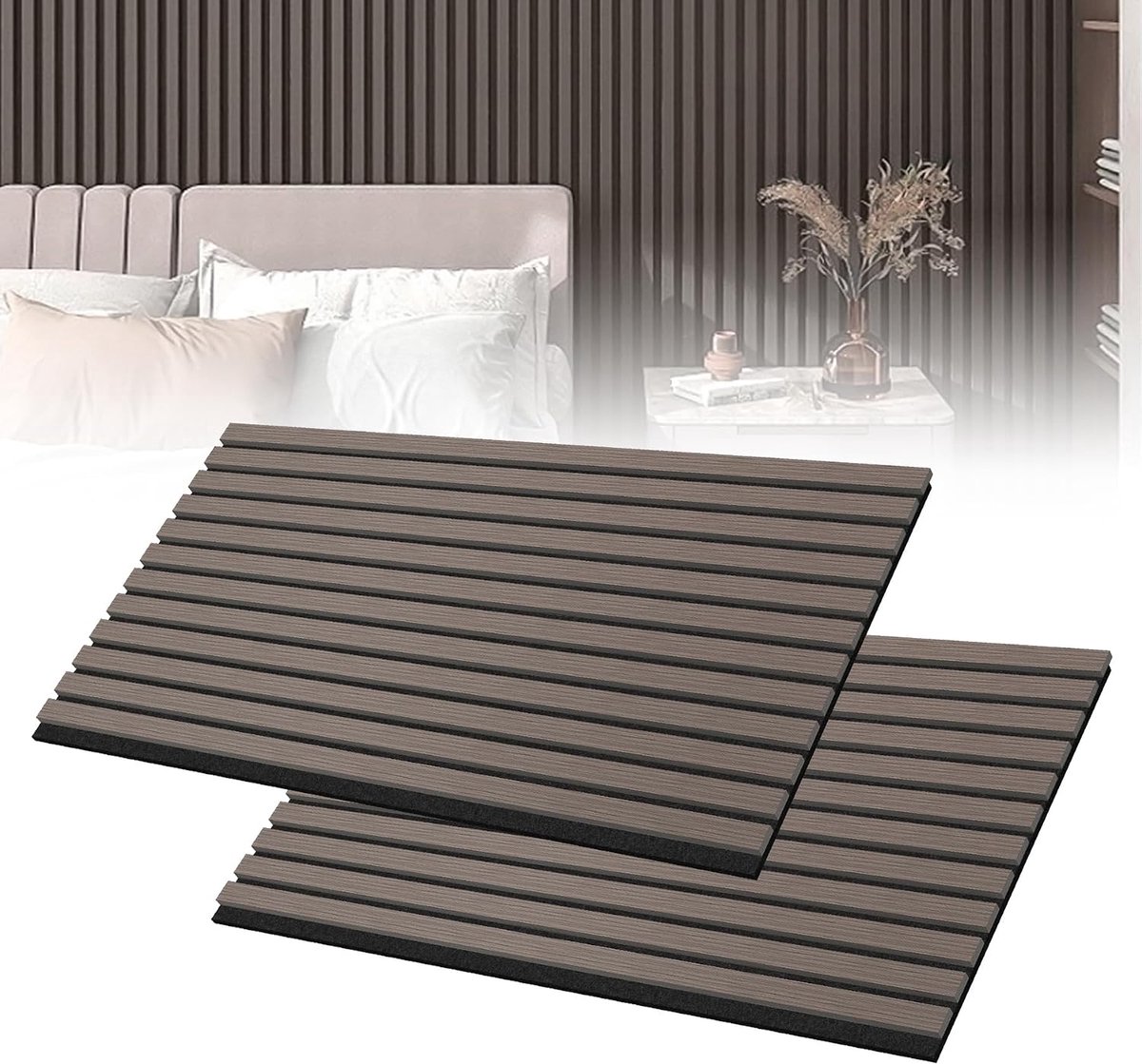 Akoestische wandpanelen, set van 2, houtfineer, akoestische wandpanelen 120 x 60 cm, wandbekleding, uitsnijbare lamellenbekleding, houten akoestische platen voor woonkamer, studio, kantoor