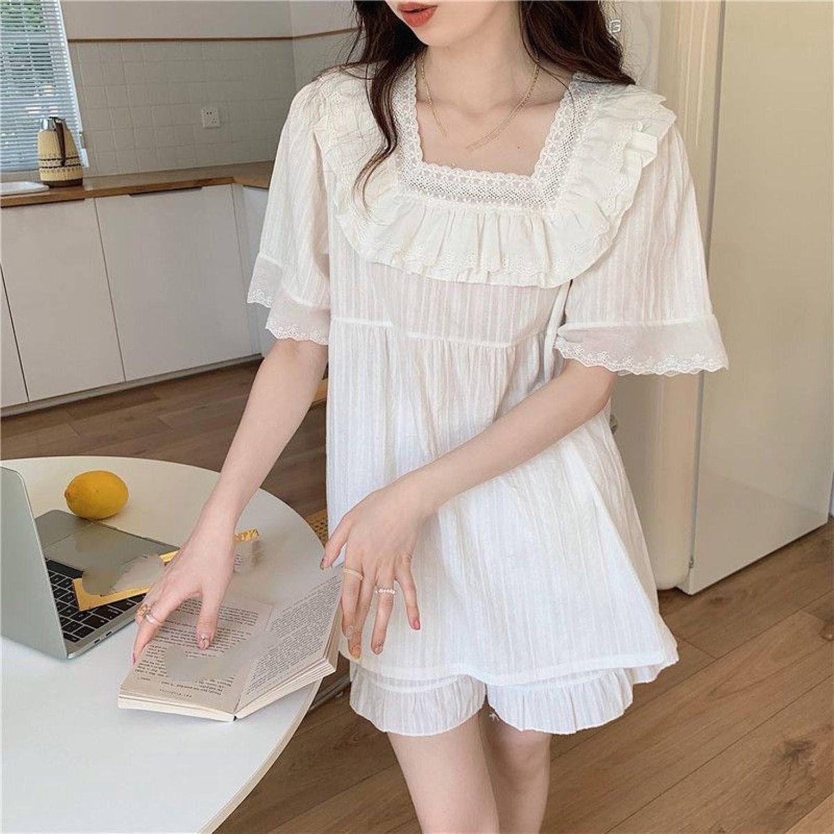 Lente Ruches Pyjama Set - Mode Vierkante Kraag Zoet Kant Effen Kleur Jacquard Loungewear Tweedelige Set, Mode Zachte Kanten Nachtkleding Knop Omhoog Versie Nachtkleding Lounge-Outfit, Wit, One