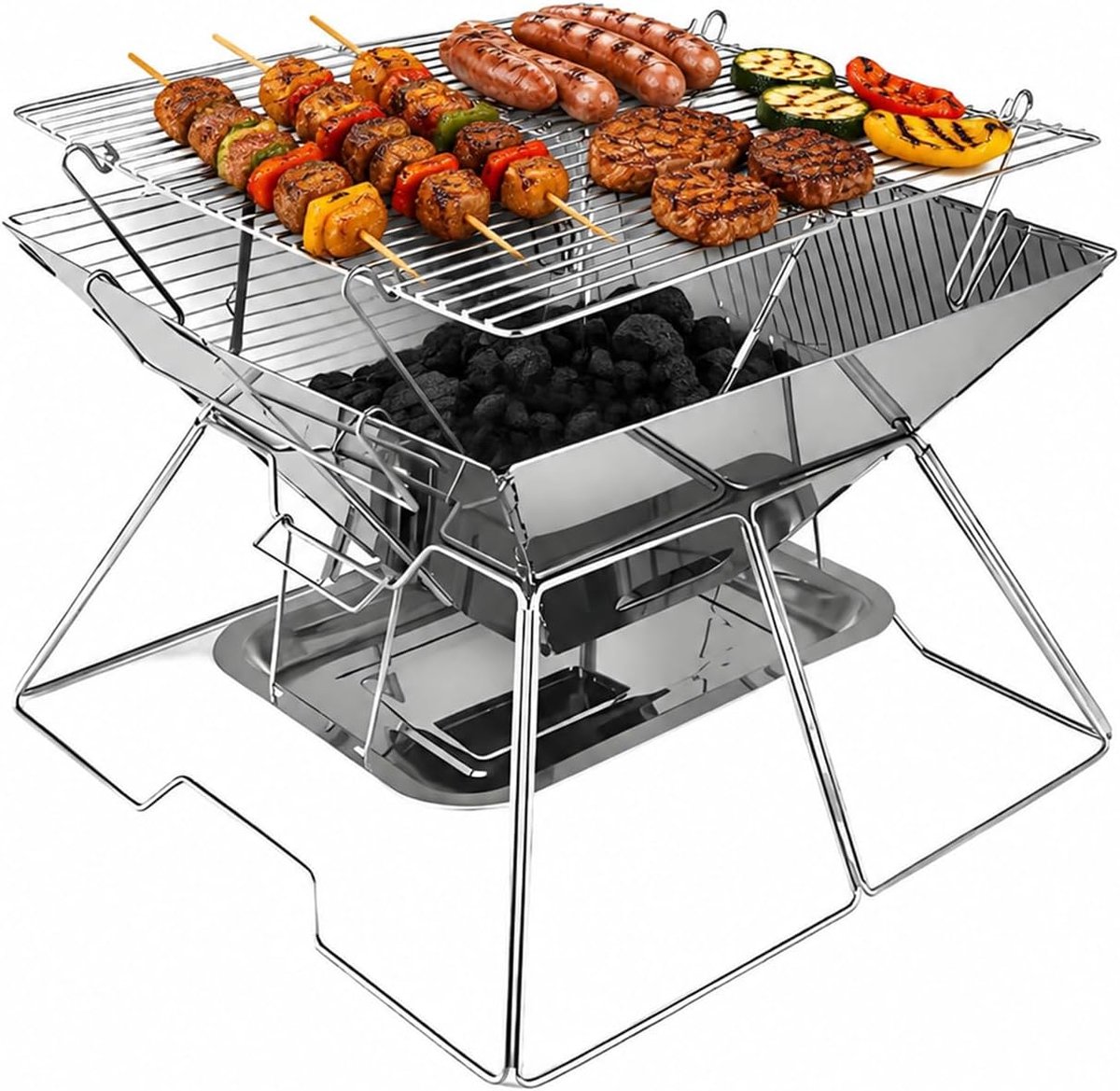 Vuurschaal met grillrooster, 31 x 31 cm, draagbare campinggrill met in hoogte verstelbaar rooster en asbak, opvouwbare vuurplaats voor outdoor, tuin, camping en kampvuur