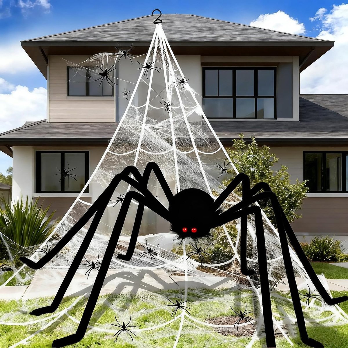 1 stuk grote spin Halloween decoraties buiten binnen - 59 inch gigantische zwarte harige enge spin, 275 inch driehoekige spinnenweb, 60 g spinnenwebben, 60 plastic spinnen voor Halloween party
