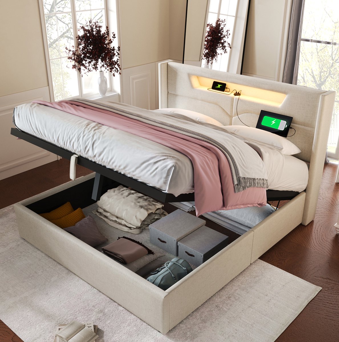 WUVRIE Gestoffeerd opbergbed 140x200 cm met LED, USB en Type-C, lattenbodem, beige