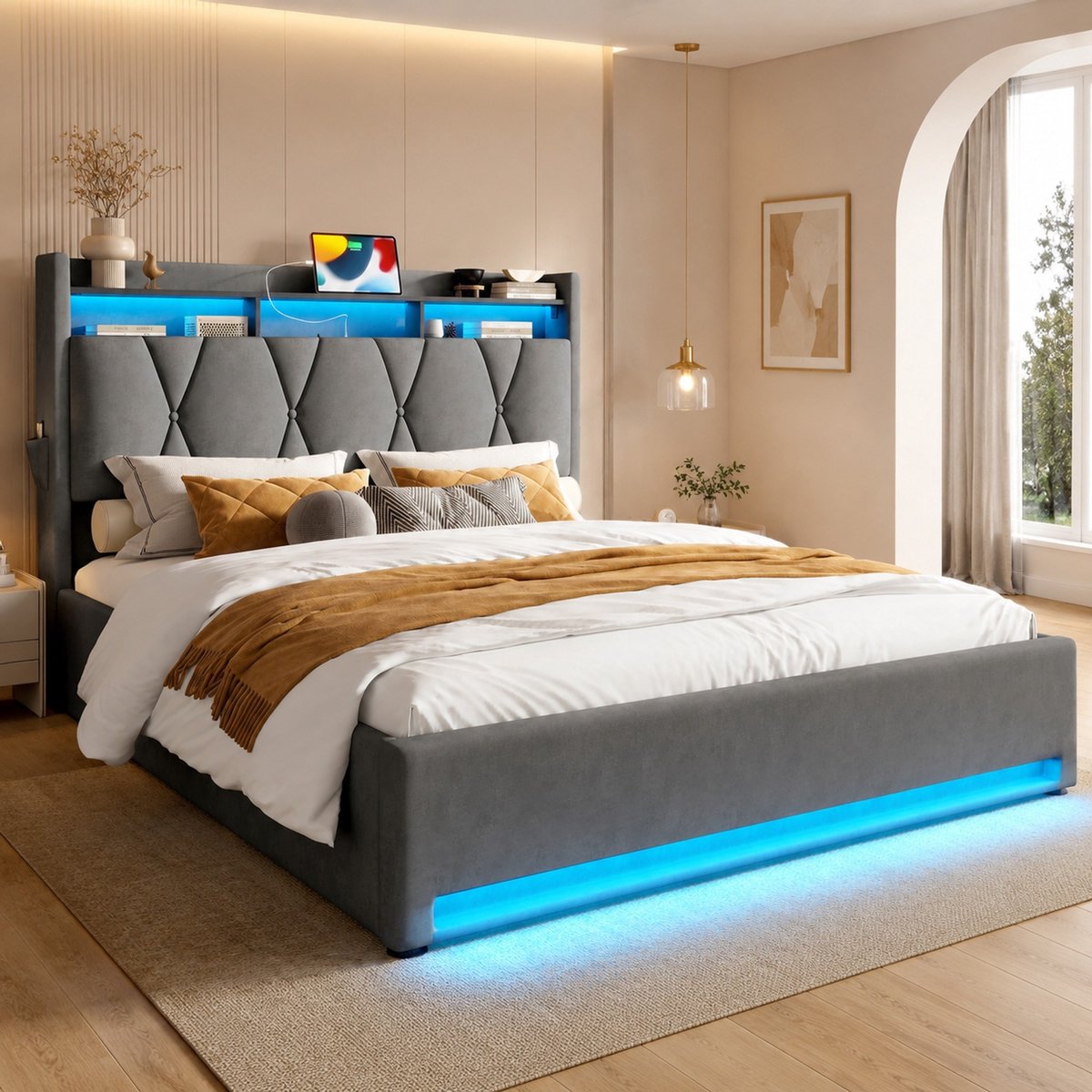 WUVRIE Bedframe 160x200 cm met LED, USB en Type-C, opbergruimte en klapbaar hoofdbord, donkergrijs