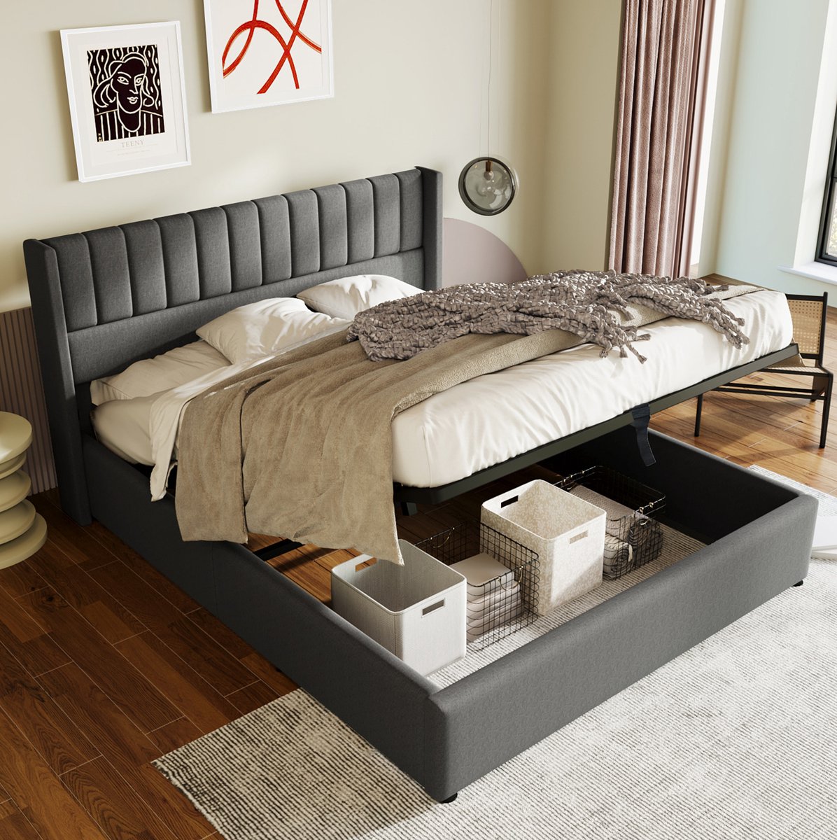 WUVRIE Hydraulisch opbergbed 160x200 cm met lattenbodem en gestoffeerd hoofdbord, grijs