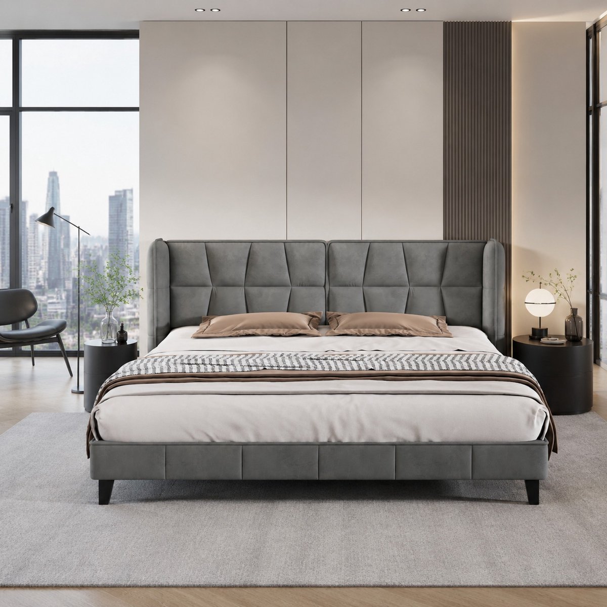 WUVRIE Gestoffeerd tweepersoonsbed 180x200 cm met lattenbodem en hoog hoofdbord, grijs fluweel