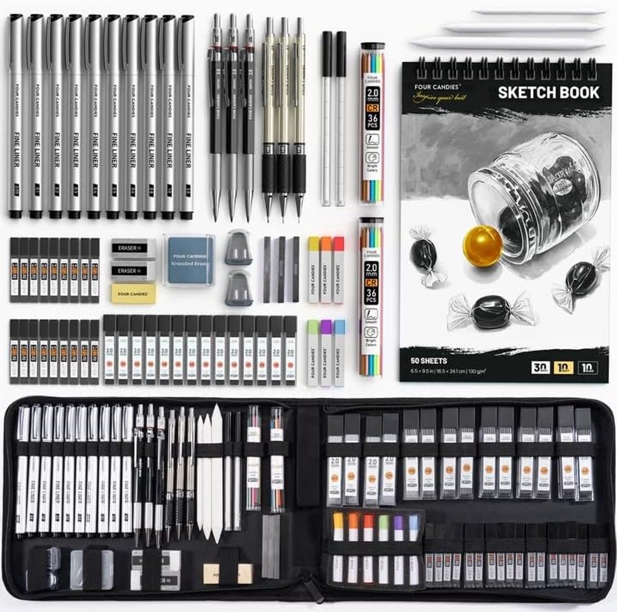 SnelShoppen - Four Candies 73-delige Geavanceerde Tekenset met Fineliner Pennen, Mechanische Potloden, Houtskool Sticks, Pastels en Schetsboek voor Cr