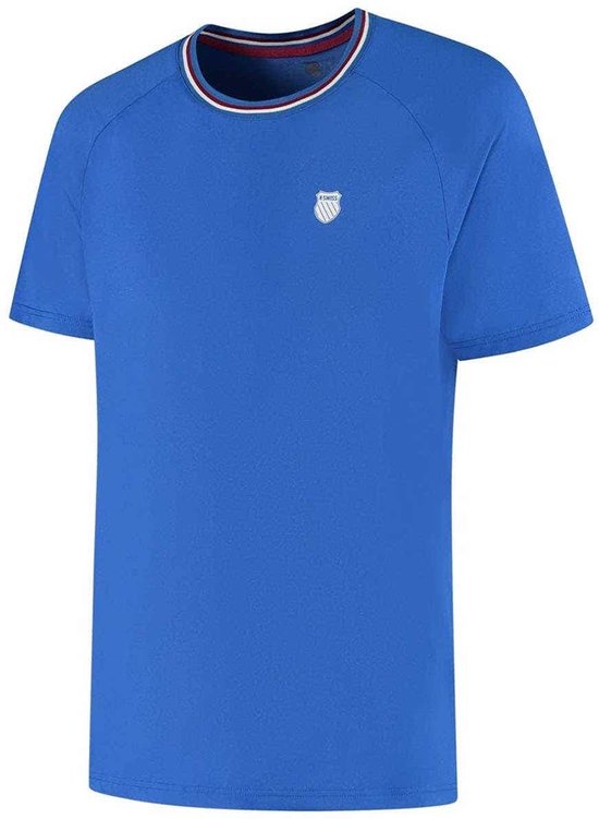 Blauw K-Swiss t-shirt met K-Swiss logo op de borst en gestreepte kraag.