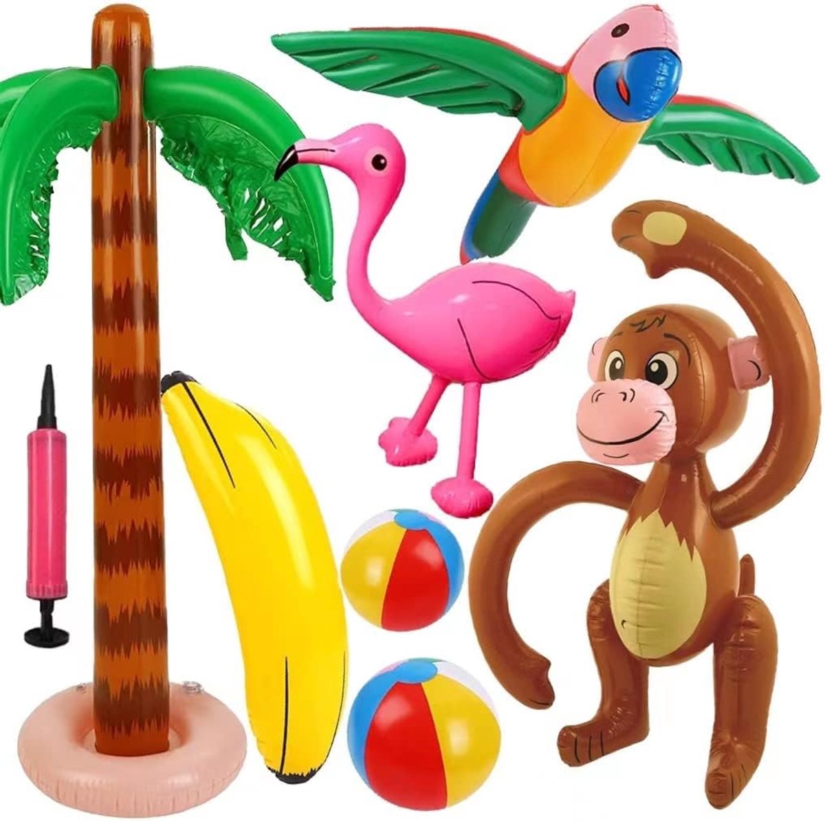 SnelShoppen - 8pcs Opblaasbare Palmboom Set, Hawaii Strand Speelgoed met Kokosnoot Boom, Flamingo, Banaan voor Zomer Zwembad, Hawaii Decoratie, Thema
