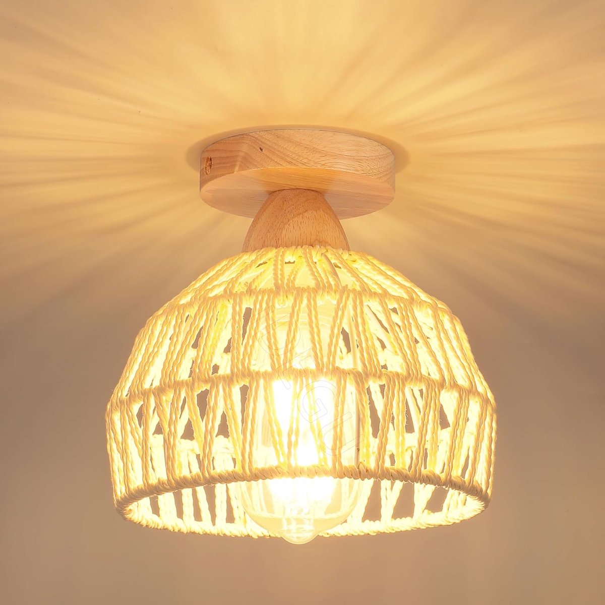 SnelShoppen - Vintage Industrieel Houten en Rotan Plafondlamp Kroonluchter E27 Kooi Hanglamp 20 cm Voor Slaapkamer Entree Hal Restaurant Verlichting D