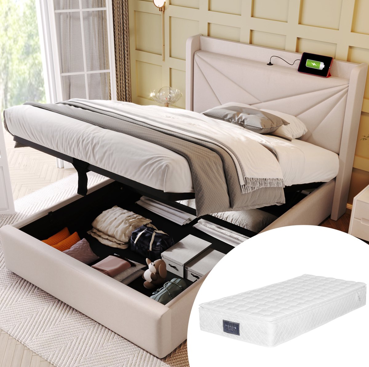 WUVRIE Eenpersoons opbergbed 90x200 cm met USB- en USB-C-aansluiting, lattenbodem en hoofdbord, beige