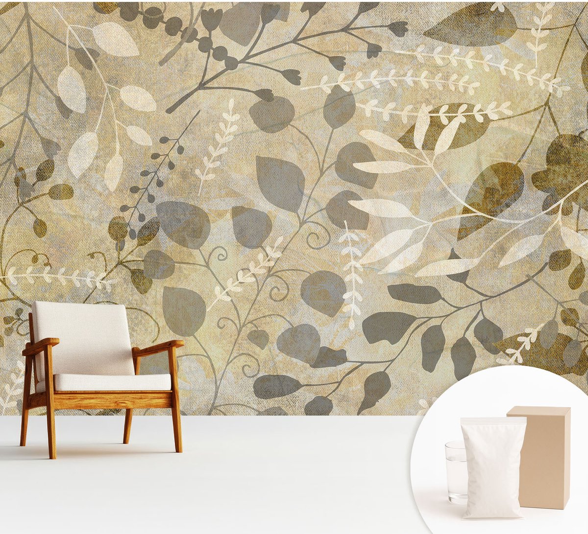 Wallfluent Fotobehang - Beige Vliesbehang - 312x219 cm - Takbladeren Fotobehang Vlies - Hal behang Bloemen En Planten - Muurschildering - Woonkamer behang