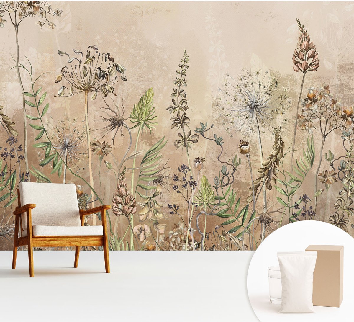Wallfluent Fotobehang - Beige Vliesbehang - 312x219 cm - Rustieke Bloemen Fotobehang Vlies - Hal behang Bloemen En Planten - Muurschildering - Woonkamer behang