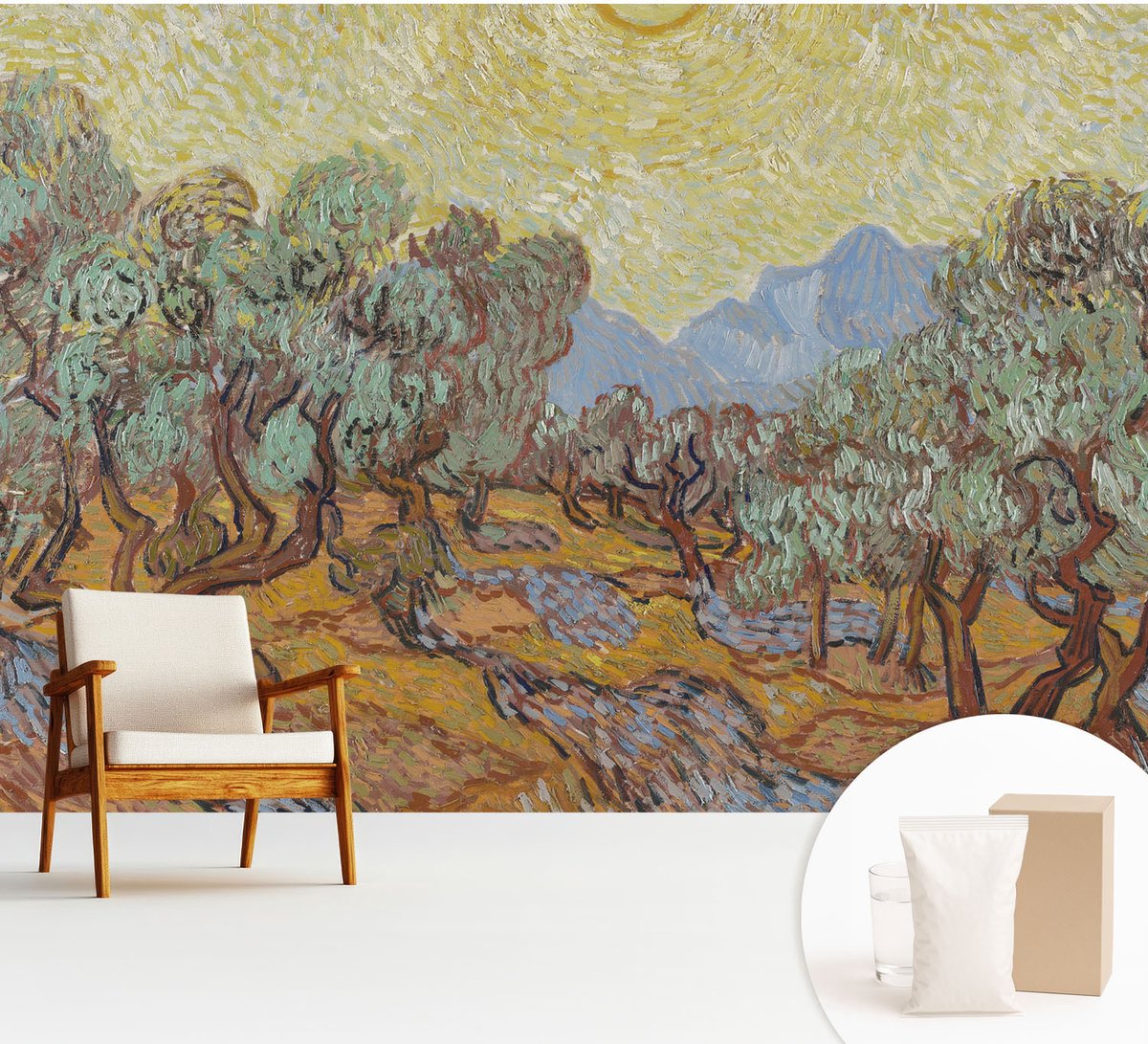 Wallfluent Fotobehang - Geel Vliesbehang - 312x219 cm - Olijfbomen Muurschildering - Gang behang Bloemen En Planten - Fotobehang Vlies - Slaapkamer behang