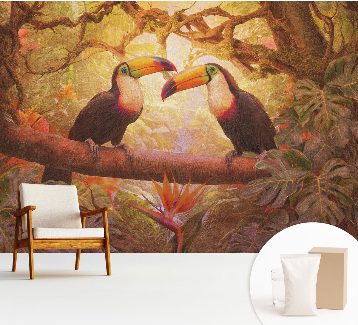 Wallfluent Fotobehang - Bruin Vliesbehang - 312x219 cm - Kleurrijke Toekans Muurschildering - Gang behang Dieren - Fotobehang Vlies - Slaapkamer behang