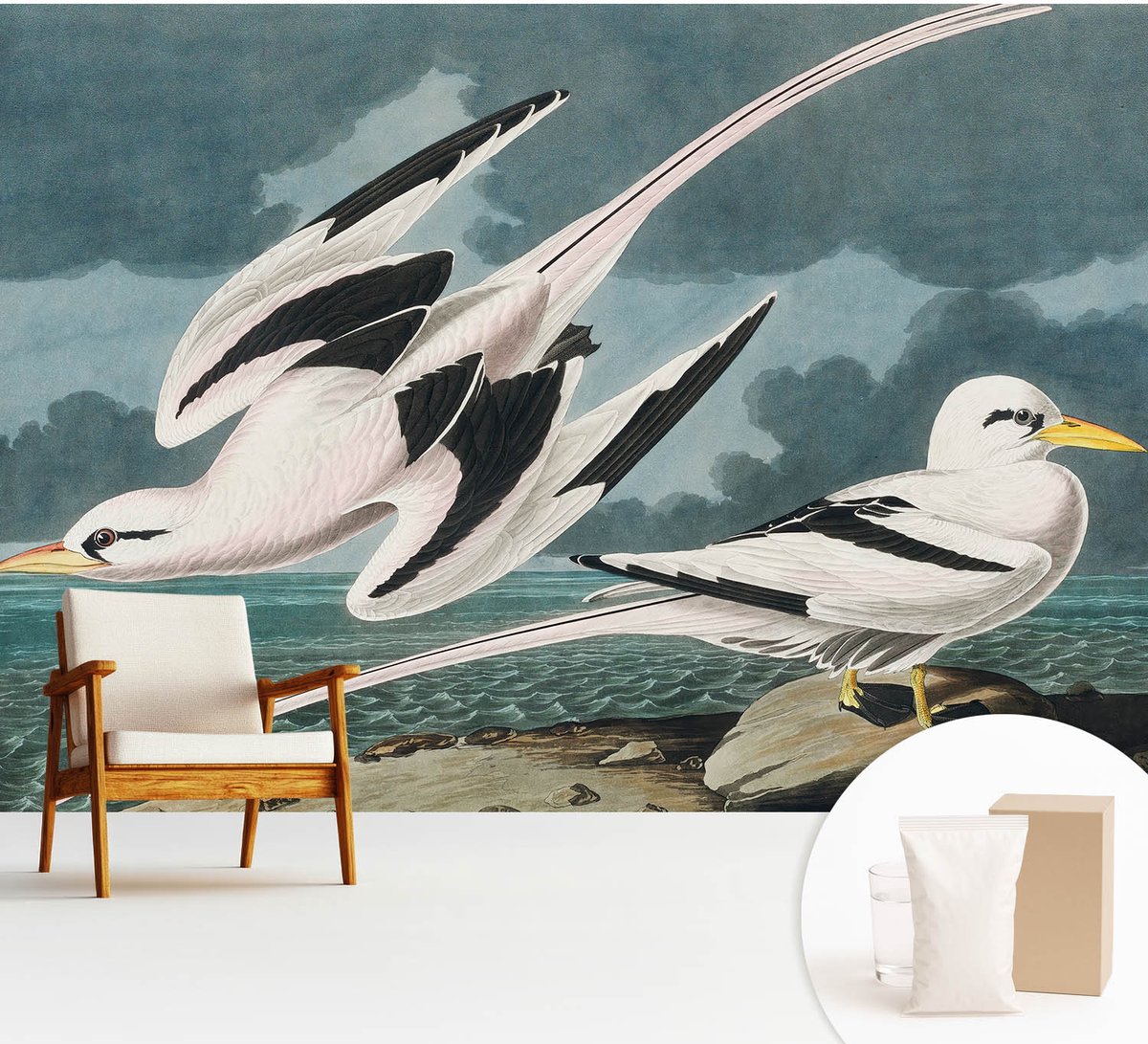 Wallfluent Fotobehang - Grijs Vliesbehang - 312x219 cm - Vogels Aan Zee Muurschildering - Slaapkamer behang Dieren - Fotobehang Vlies - Gang behang