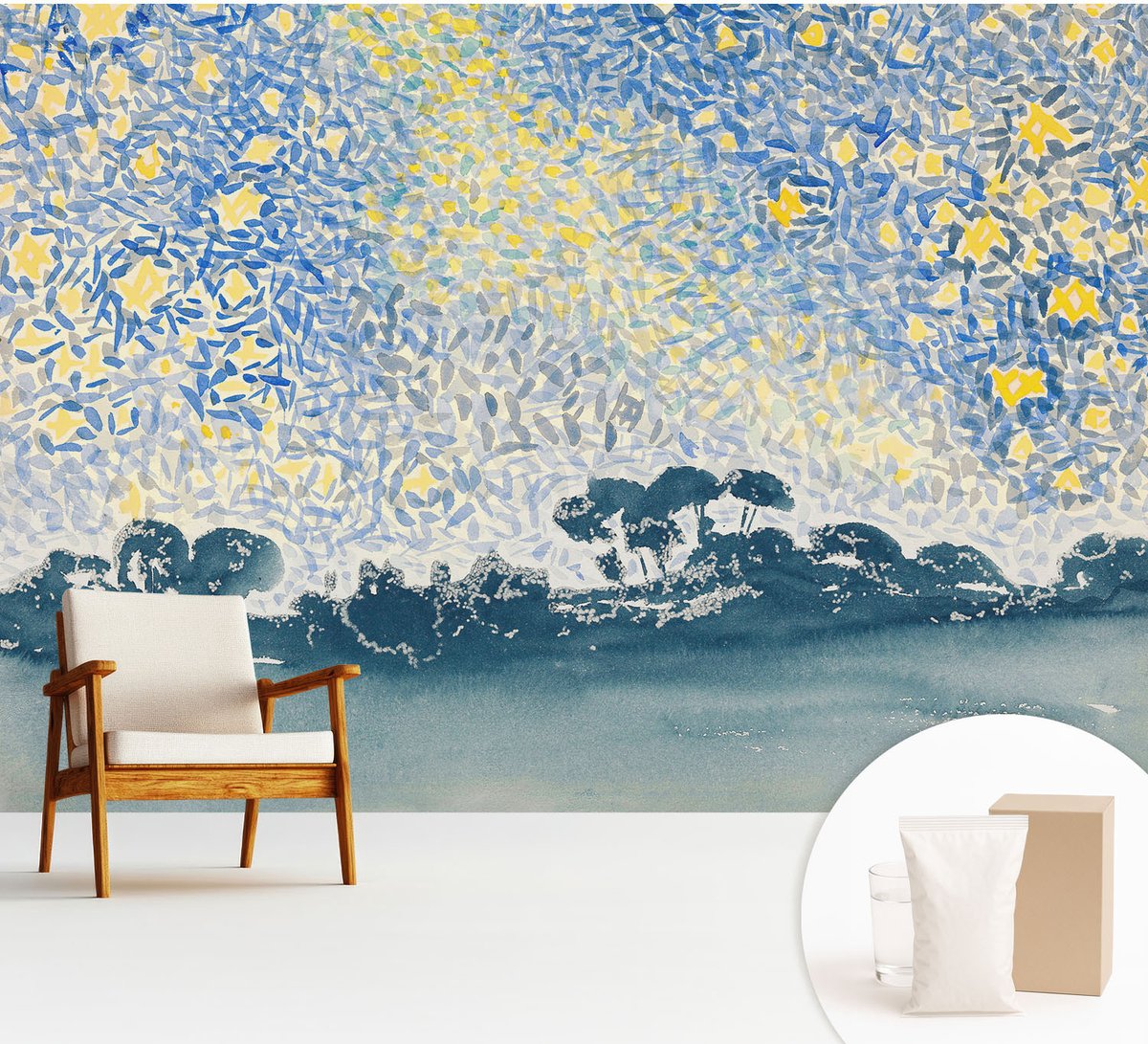 Wallfluent Fotobehang - Blauw Vliesbehang - 312x219 cm - Sterabstractie Fotobehang Vlies - Hal behang Landschappen - Muurschildering - Hal behang