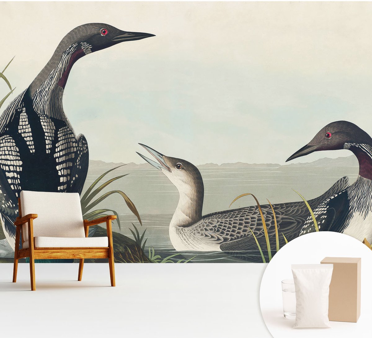 Wallfluent Fotobehang - Zwart Vliesbehang - 312x219 cm - Vogels Boven Het Water Fotobehang Vlies - Woonkamer behang Dieren - Muurschildering - Woonkamer behang