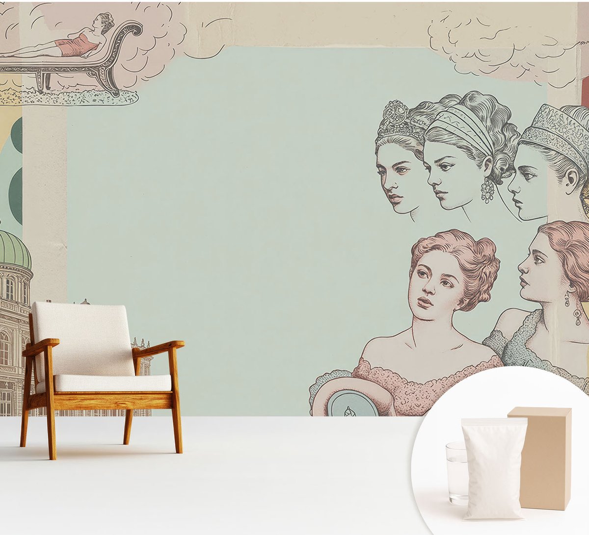 Wallfluent Fotobehang - Beige Vliesbehang - 312x219 cm - Klassieke Collage Fotobehang Vlies - Hal behang Deel - Muurschildering - Hal behang