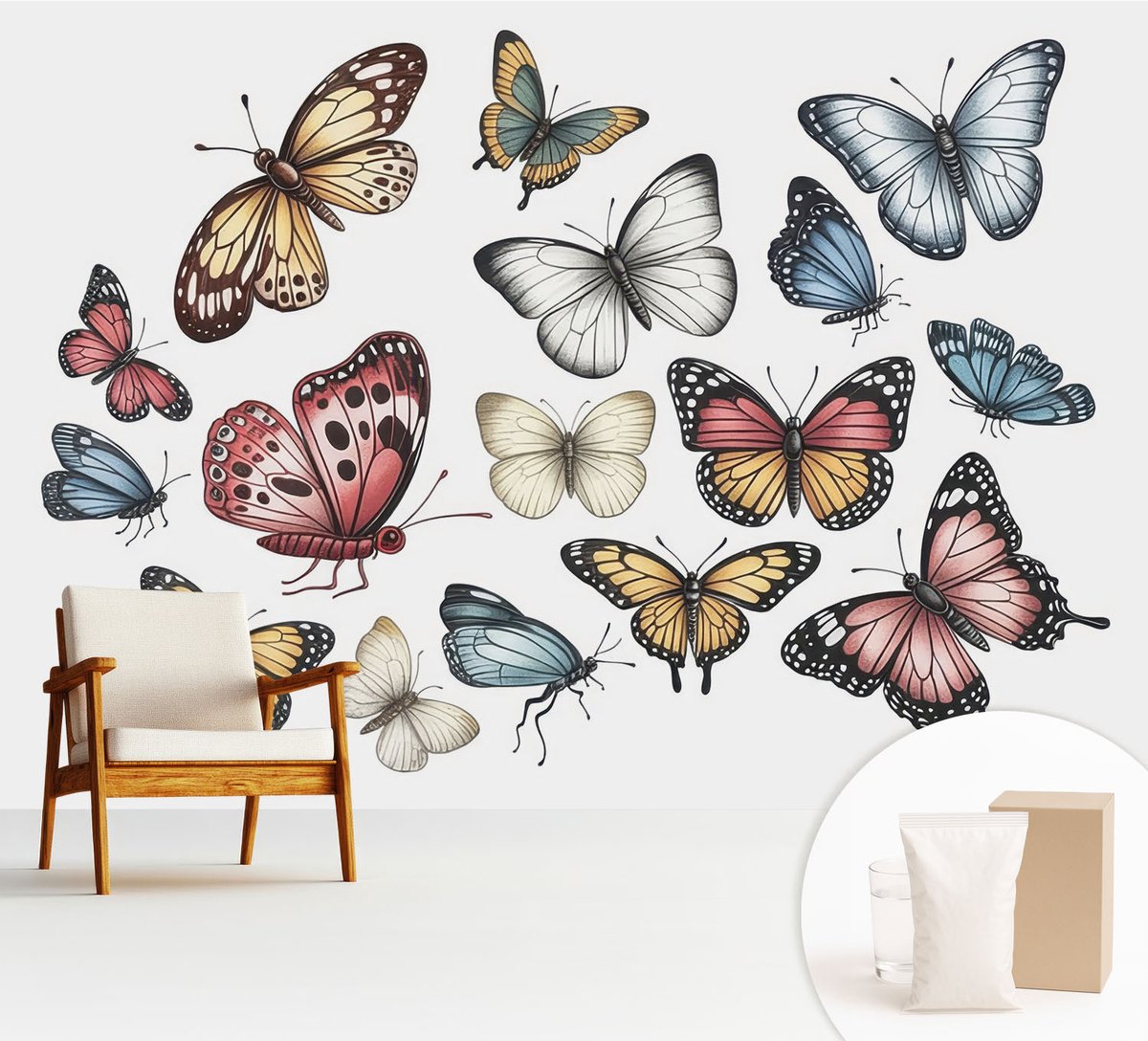 Wallfluent Fotobehang - Wit Vliesbehang - 312x219 cm - Paradijsvlinders Fotobehang Vlies - Woonkamer behang Dieren - Muurschildering - Hal behang