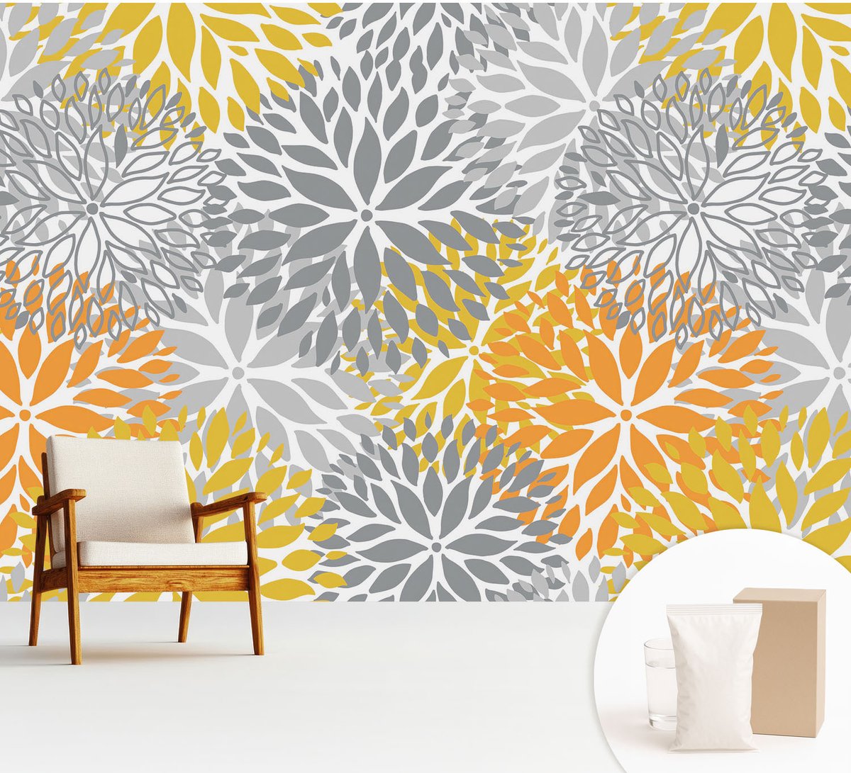 Wallfluent Fotobehang - Grijs Vliesbehang - 312x219 cm - Bloemenergie Fotobehang Vlies - Hal behang Bloemen En Planten - Muurschildering - Woonkamer behang