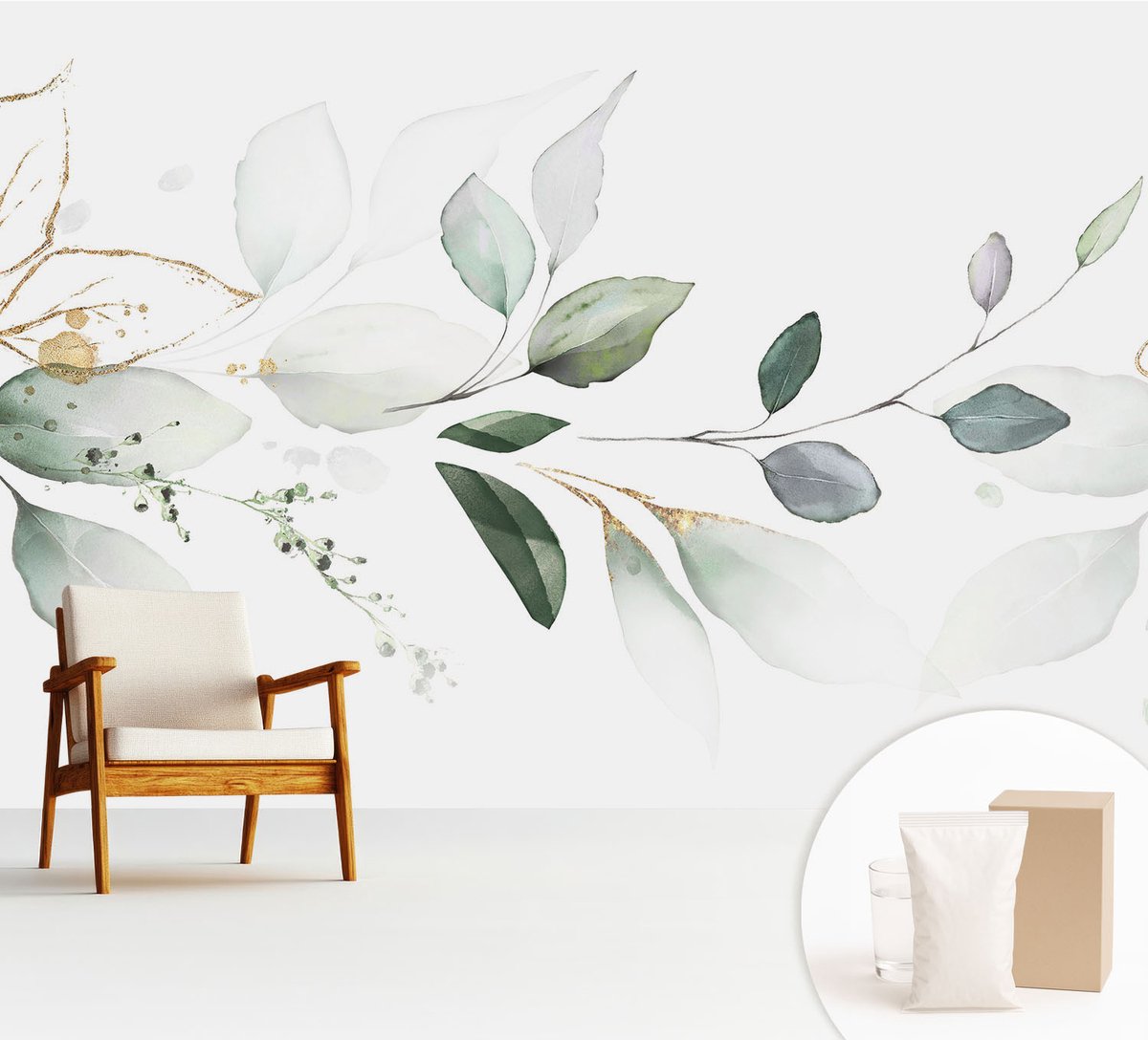 Wallfluent Fotobehang - Wit Vliesbehang - 312x219 cm - Groene Bladeren Fotobehang Vlies - Hal behang Bloemen En Planten - Muurschildering - Hal behang