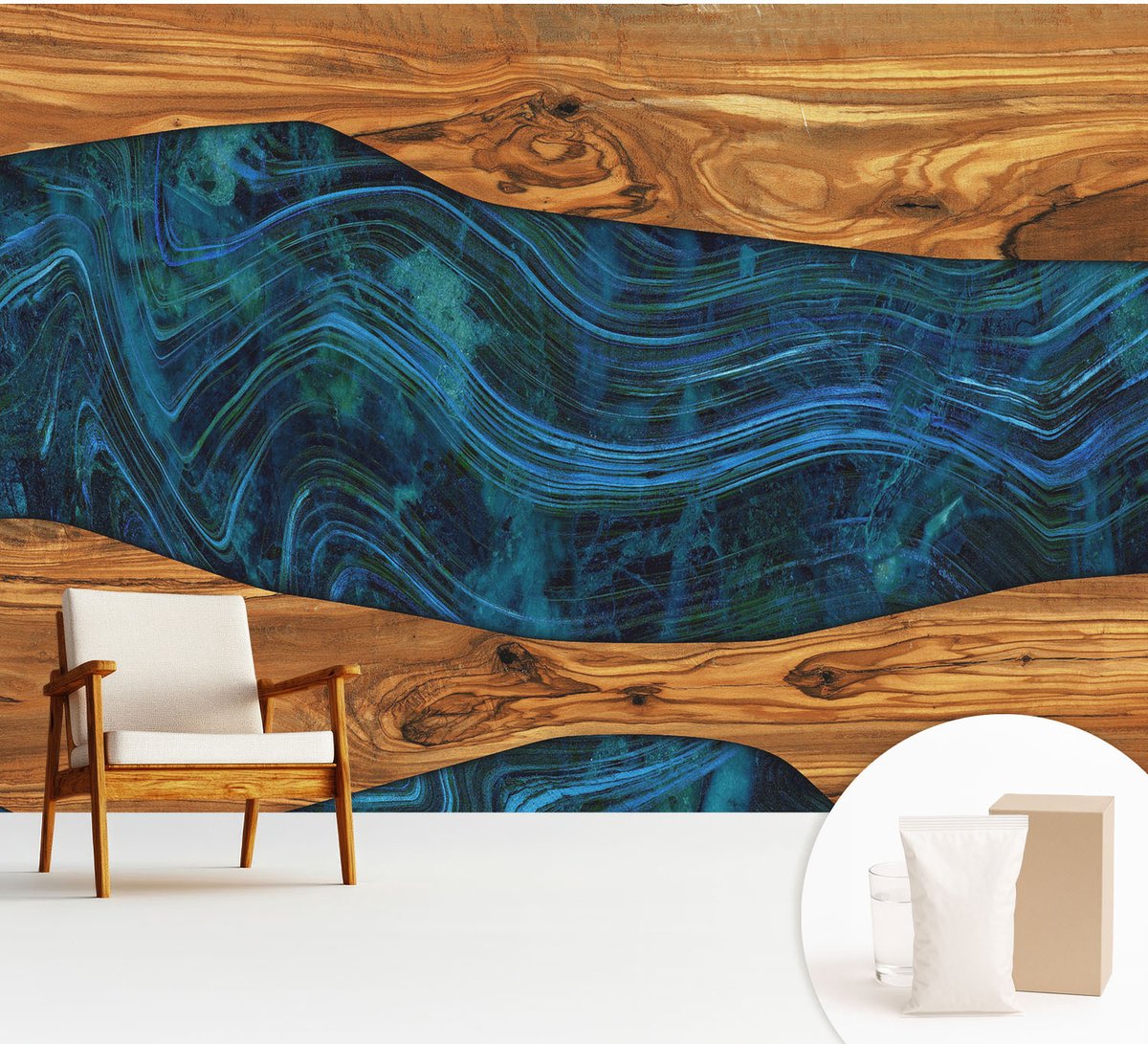 Wallfluent Fotobehang - Bruin Vliesbehang - 312x219 cm - Blauw Hout Fotobehang Vlies - Woonkamer behang Texturen - Muurschildering - Woonkamer behang