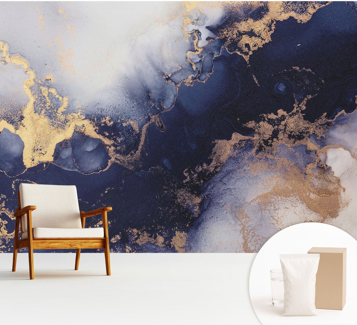 Wallfluent Fotobehang - Marine Vliesbehang - 312x219 cm - Marineblauwe Golven Muurschildering - Gang behang Abstractie - Fotobehang Vlies - Slaapkamer behang