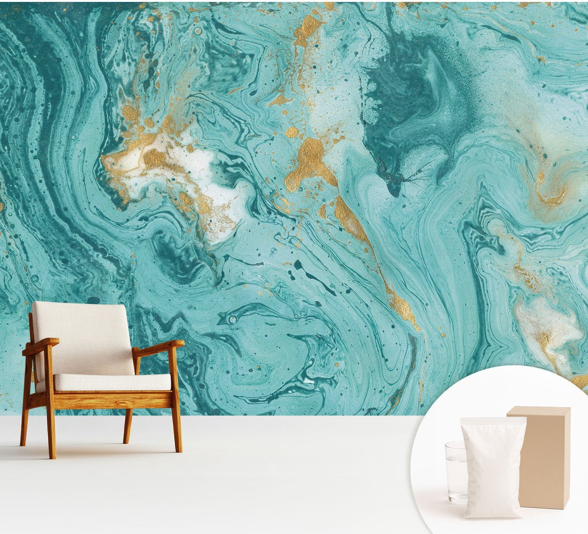 Wallfluent Fotobehang - Blauw Vliesbehang - 312x219 cm - Zeegolven Fotobehang Vlies - Hal behang Abstractie - Muurschildering - Woonkamer behang
