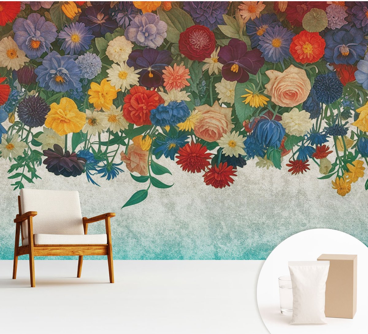 Wallfluent Fotobehang - Zwart Vliesbehang - 312x219 cm - Kleurrijke Bloemen Muurschildering - Gang behang Bloemen En Planten - Fotobehang Vlies - Slaapkamer behang