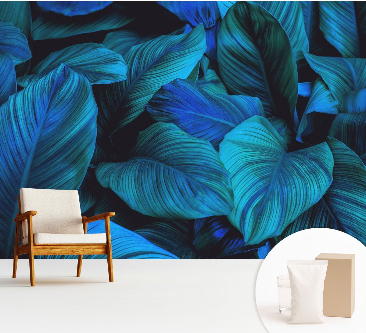 Wallfluent Fotobehang - Blauw Vliesbehang - 312x219 cm - Blauwe Bladeren Muurschildering - Gang behang Bloemen En Planten - Fotobehang Vlies - Slaapkamer behang