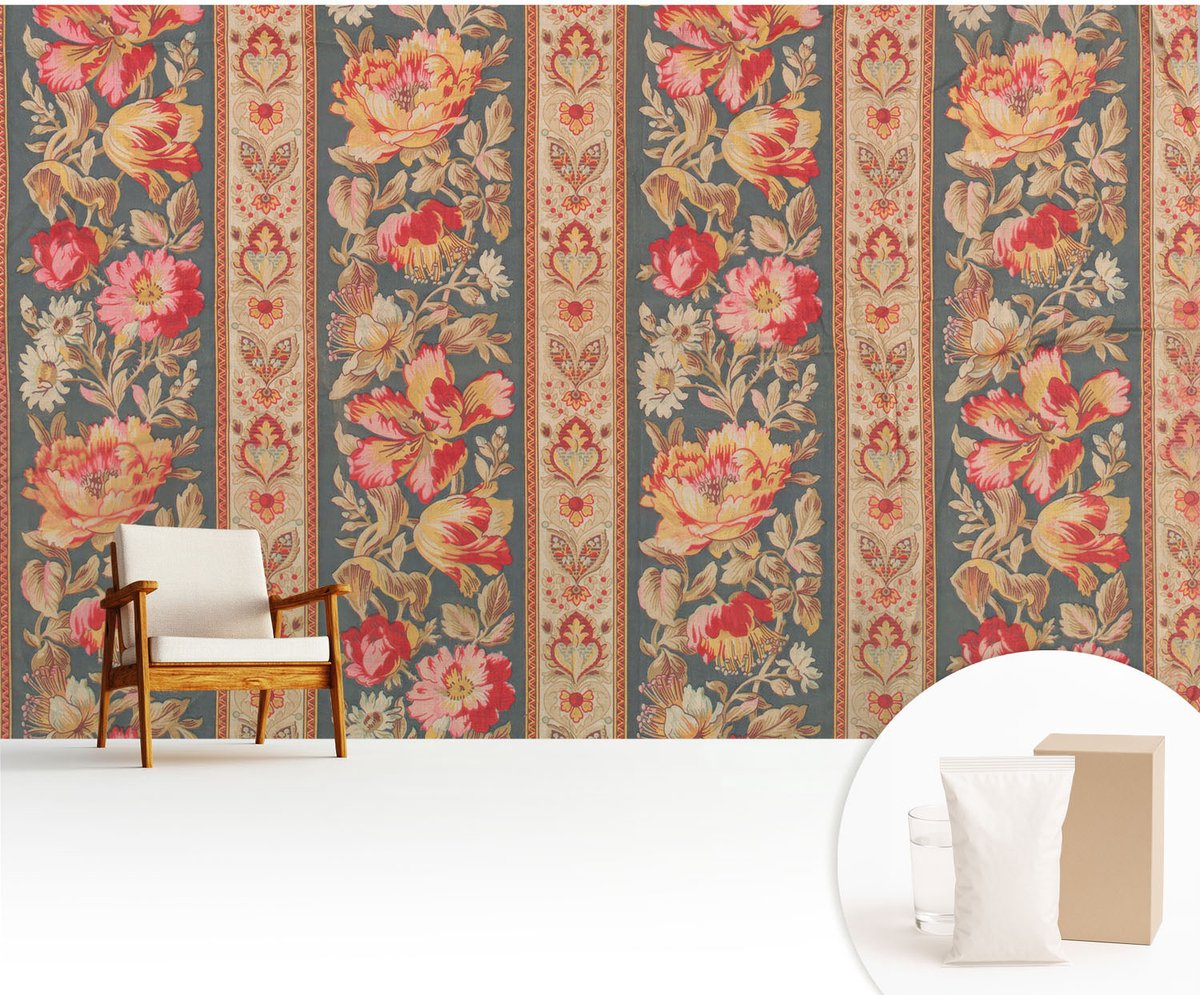 Wallfluent Fotobehang - Grijs Vliesbehang - 416x254 cm - Kleurrijke Bloemen Fotobehang Vlies - Woonkamer behang Texturen - Muurschildering - Woonkamer behang