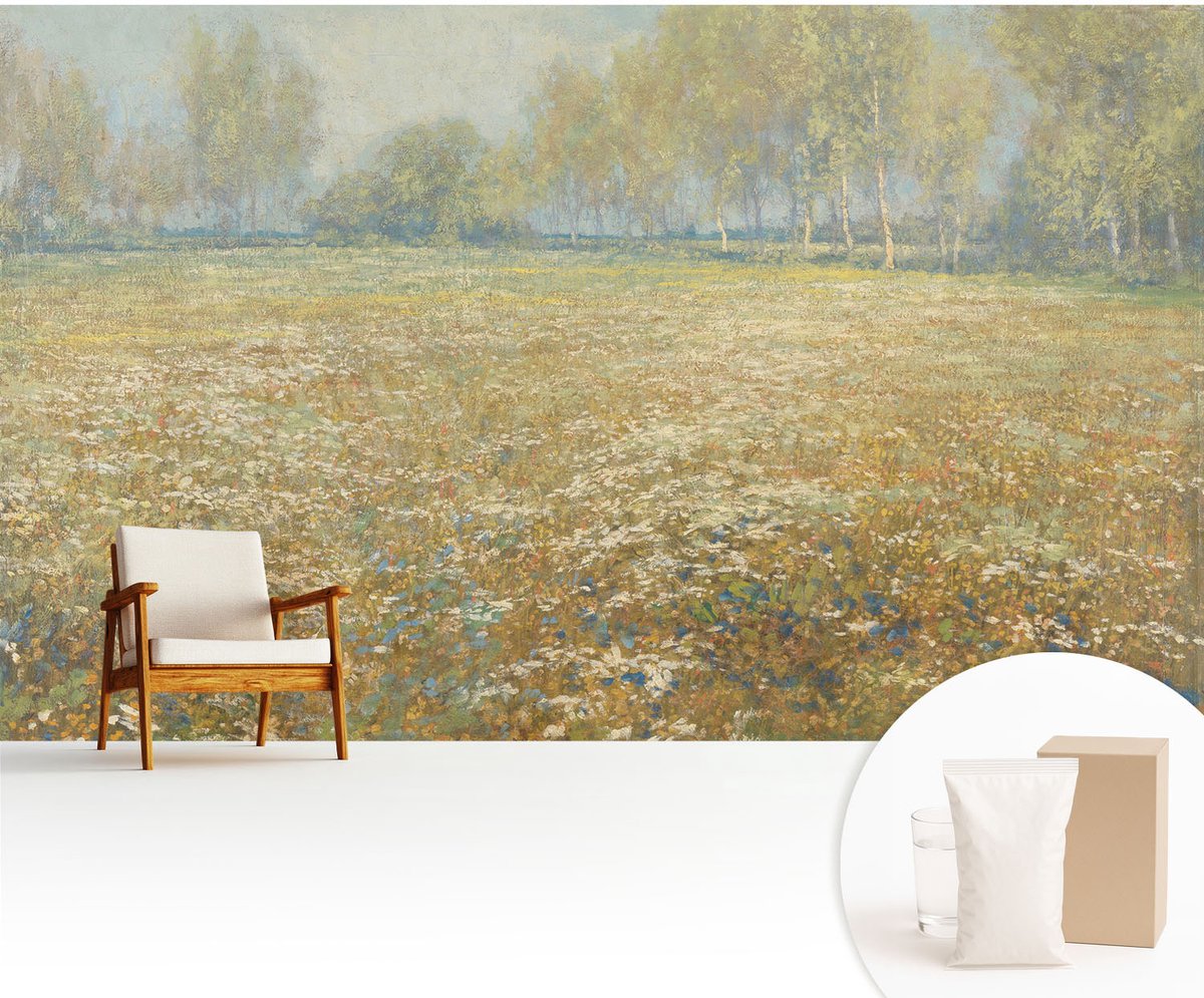 Wallfluent Fotobehang - Groente Vliesbehang - 416x254 cm - Bloeiend Veld Fotobehang Vlies - Hal behang Landschappen - Muurschildering - Woonkamer behang