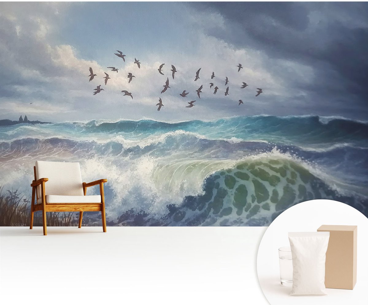 Wallfluent Fotobehang - Blauw Vliesbehang - 416x254 cm - Zeegolven Muurschildering - Gang behang Landschappen - Fotobehang Vlies - Slaapkamer behang