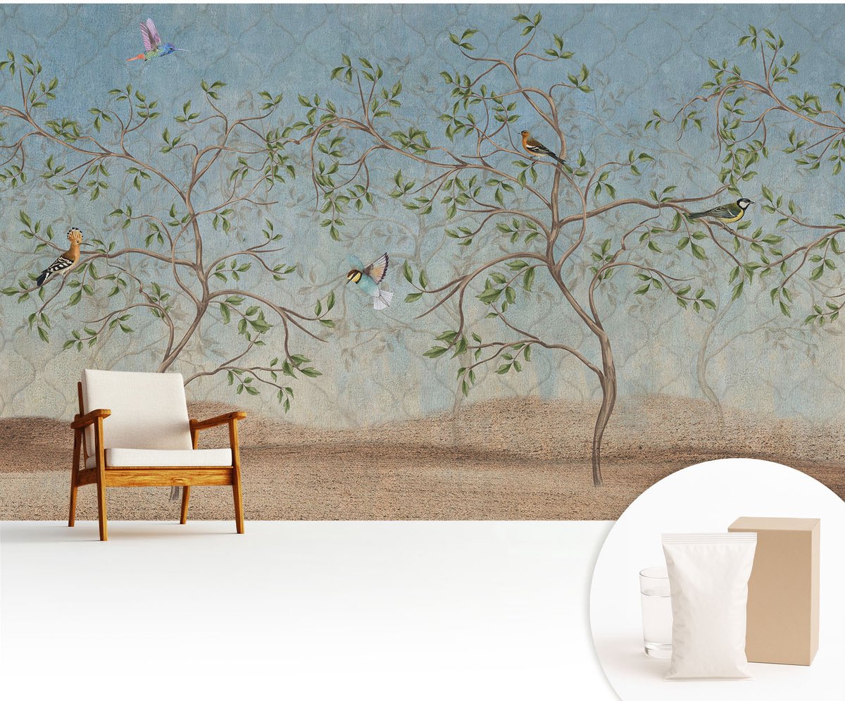 Wallfluent Fotobehang - Grijs Vliesbehang - 416x254 cm - Vogels In De Bomen Fotobehang Vlies - Hal behang Bloemen En Planten - Muurschildering - Woonkamer behang
