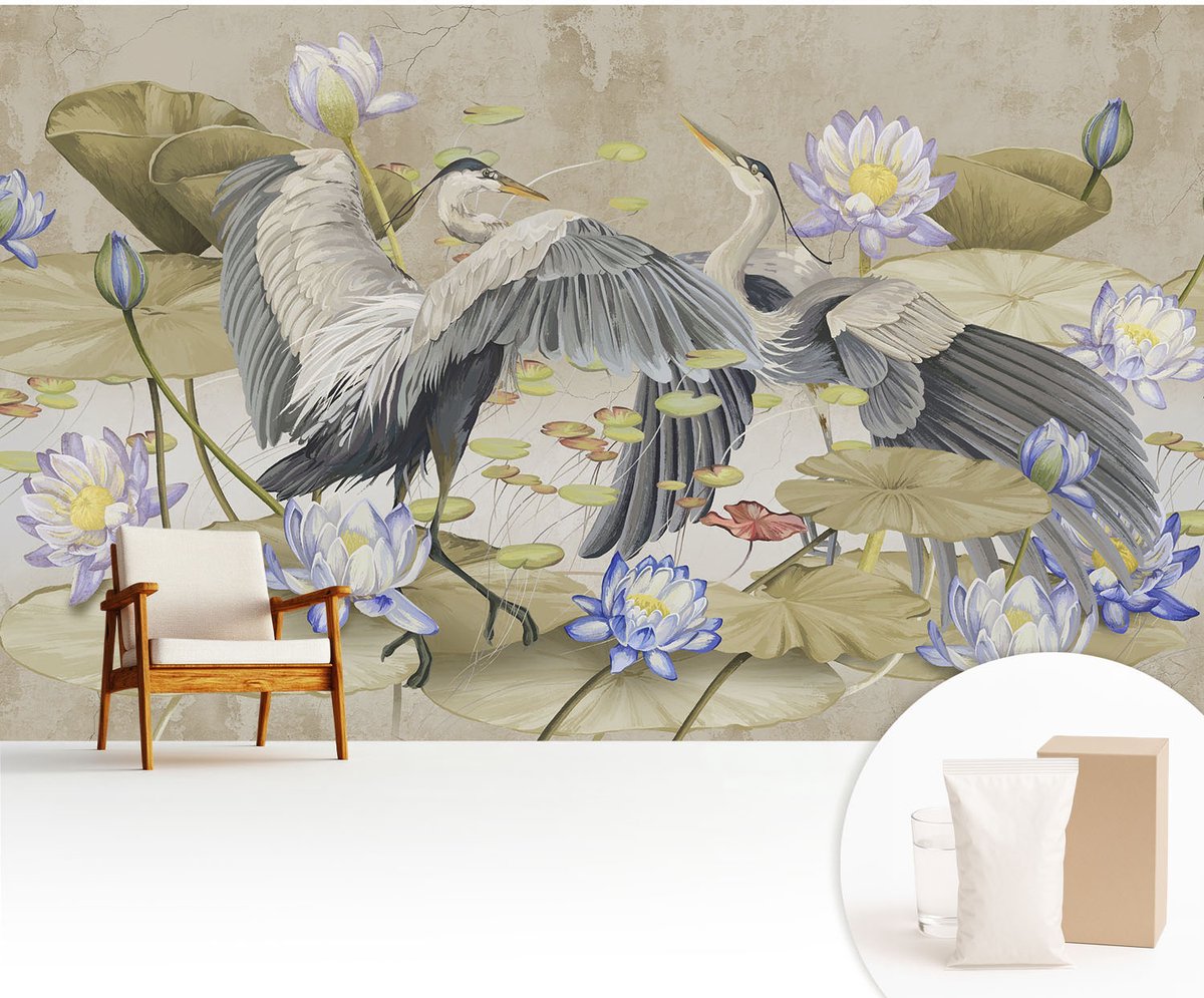 Wallfluent Fotobehang - Beige Vliesbehang - 416x254 cm - Vogels En Lelies Fotobehang Vlies - Hal behang Dieren - Muurschildering - Hal behang