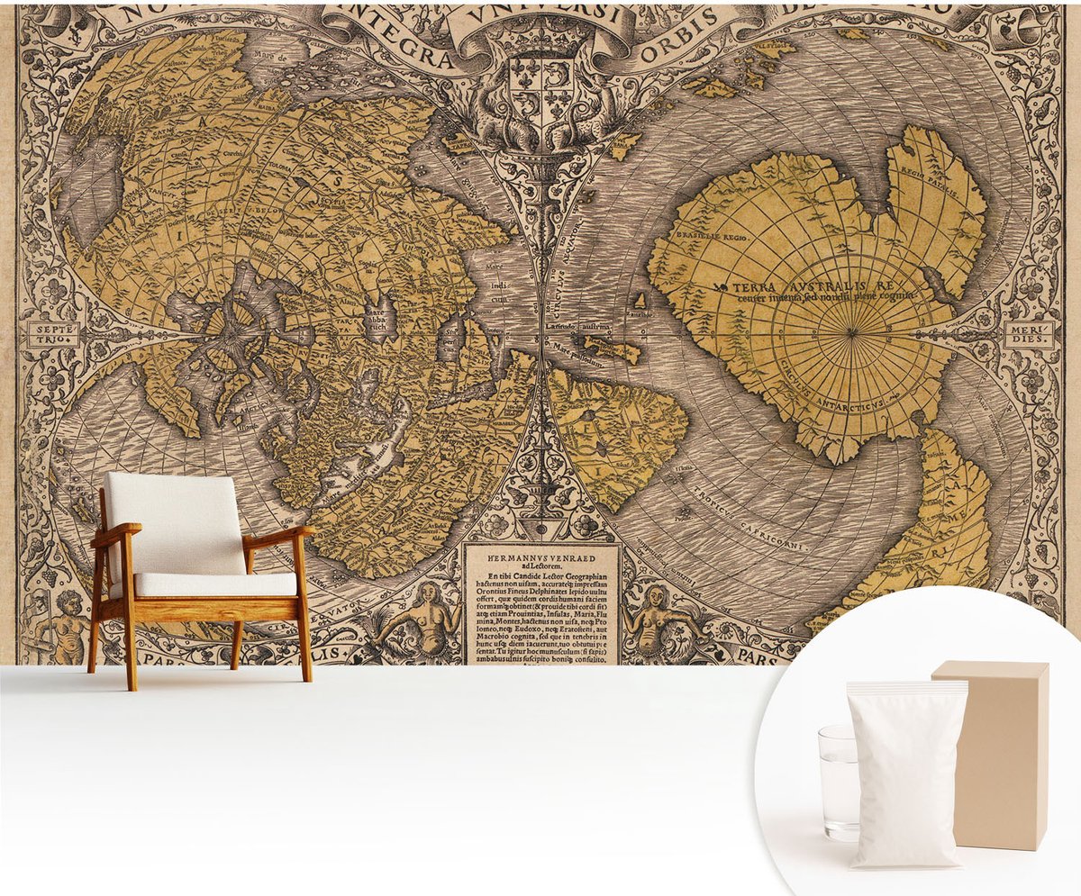 Wallfluent Fotobehang - Geel Vliesbehang - 416x254 cm - Historische Cartografie Muurschildering - Slaapkamer behang Kaarten - Fotobehang Vlies - Slaapkamer behang