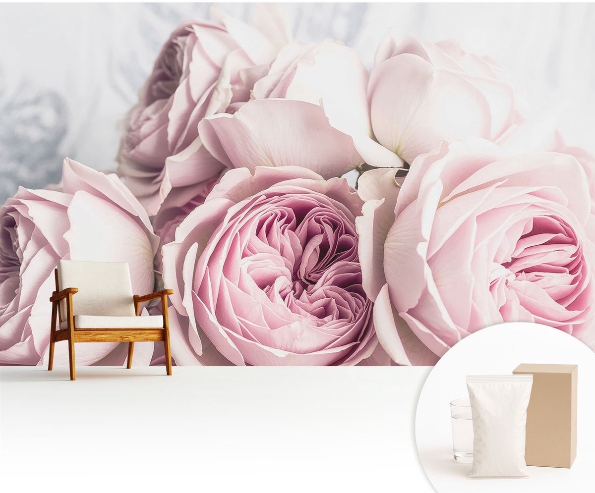 Wallfluent Fotobehang - Roze Vliesbehang - 416x254 cm - Roze Rozen Muurschildering - Gang behang Bloemen En Planten - Fotobehang Vlies - Gang behang