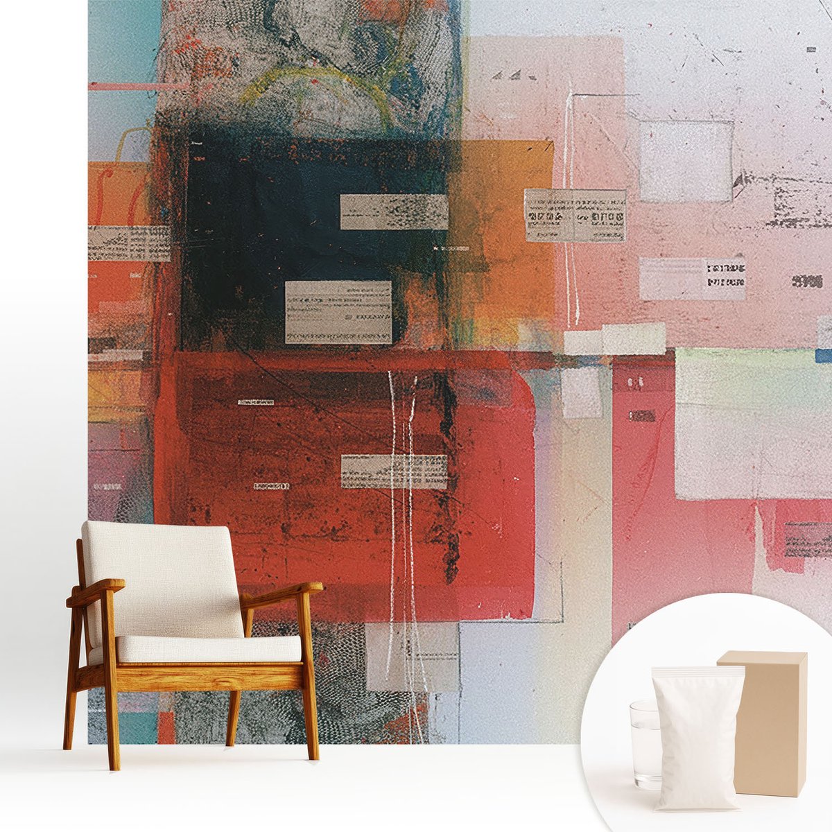 Wallfluent Fotobehang - Rood Vliesbehang - 250x250 cm - Abstracte Compositie Fotobehang Vlies - Woonkamer behang Abstractie - Muurschildering - Woonkamer behang