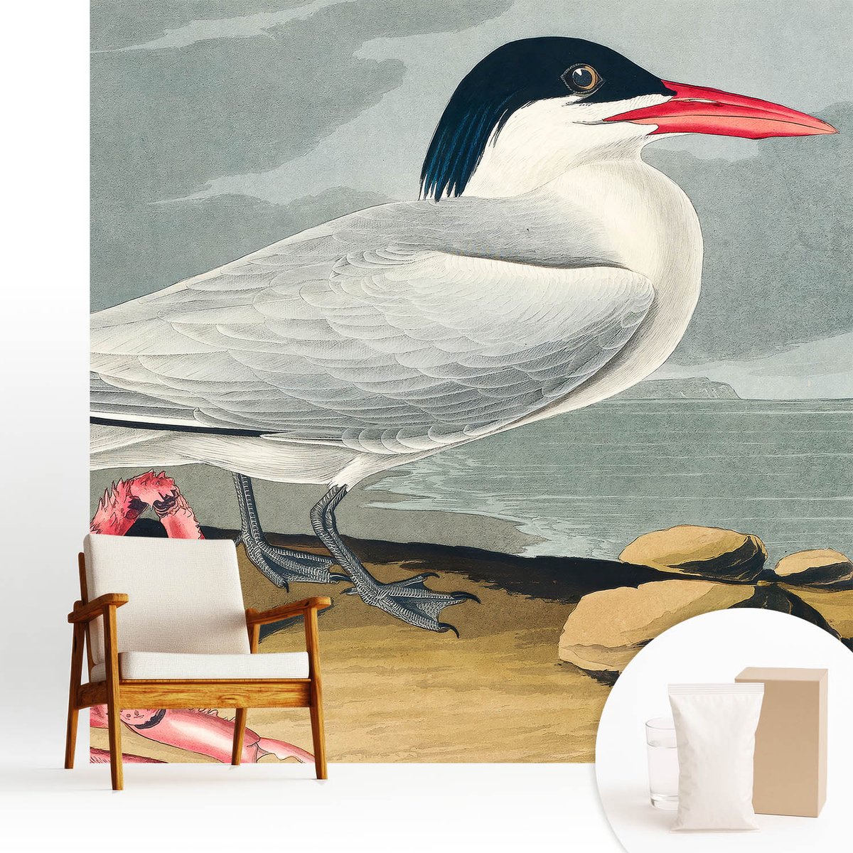 Wallfluent Fotobehang - Grijs Vliesbehang - 250x250 cm - Zeegezicht Fotobehang Vlies - Woonkamer behang Dieren - Muurschildering - Woonkamer behang
