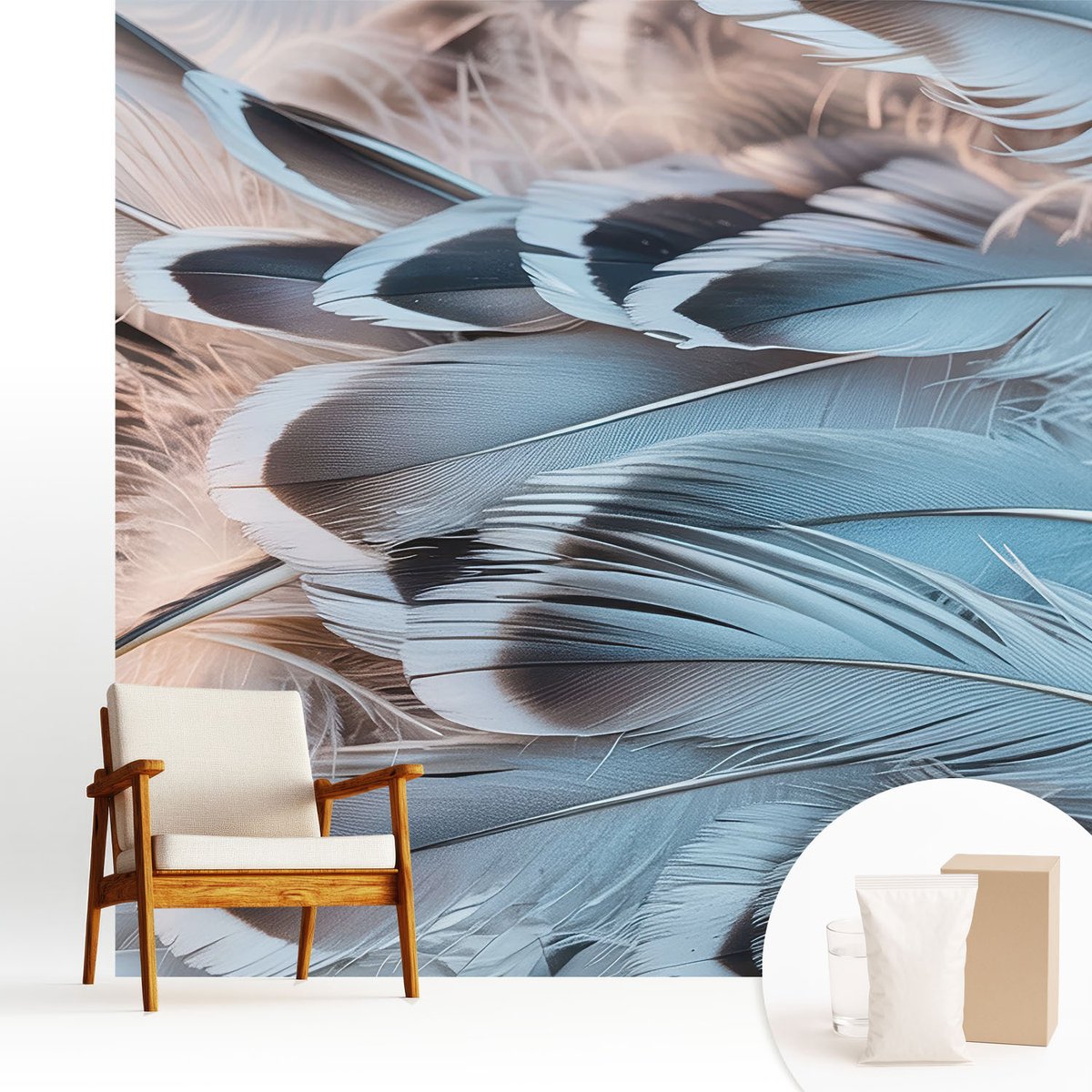 Wallfluent Fotobehang - Wit Vliesbehang - 250x250 cm - Blauwe Veren Muurschildering - Gang behang Texturen - Fotobehang Vlies - Slaapkamer behang