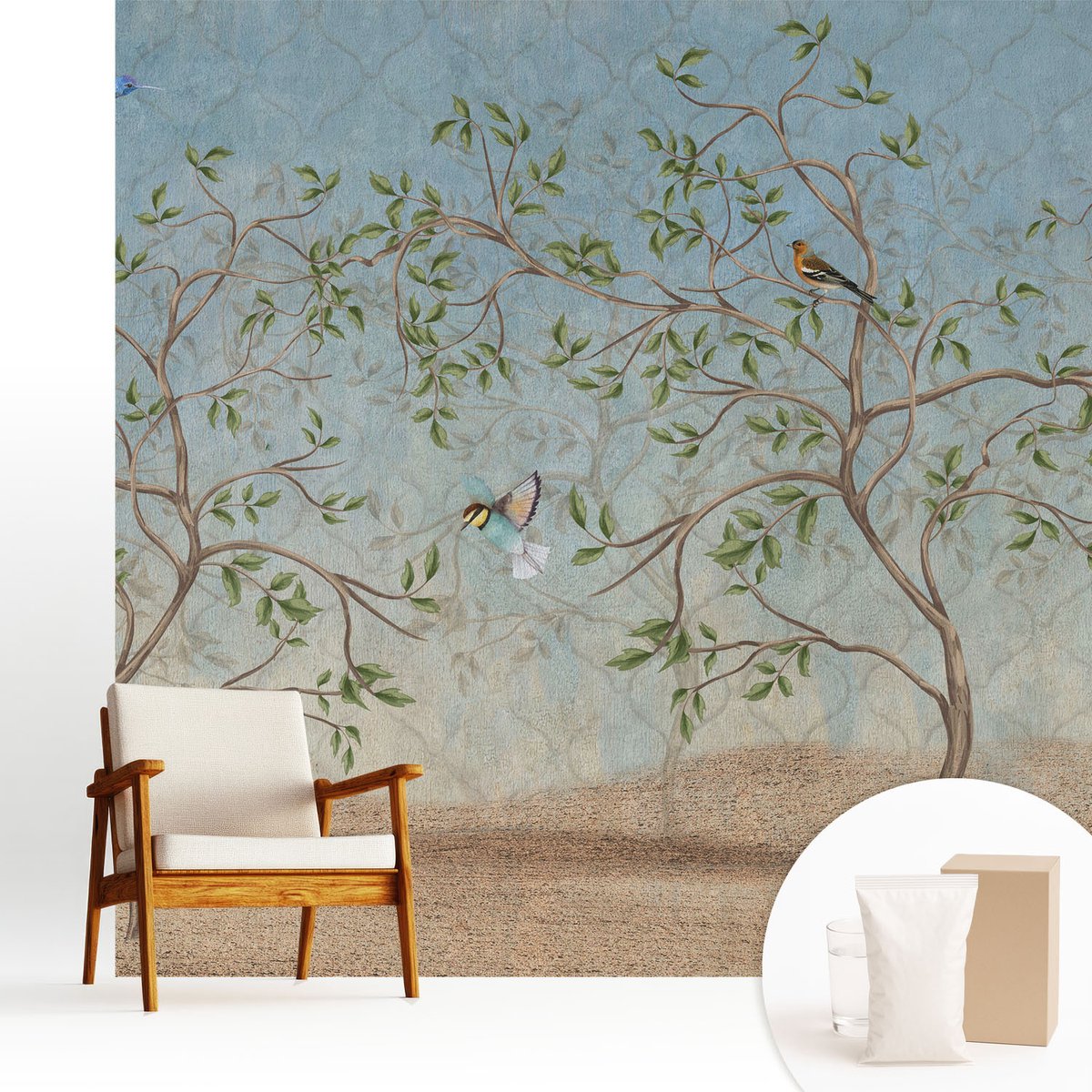 Wallfluent Fotobehang - Grijs Vliesbehang - 250x250 cm - Vogels In De Bomen Fotobehang Vlies - Hal behang Bloemen En Planten - Muurschildering - Woonkamer behang