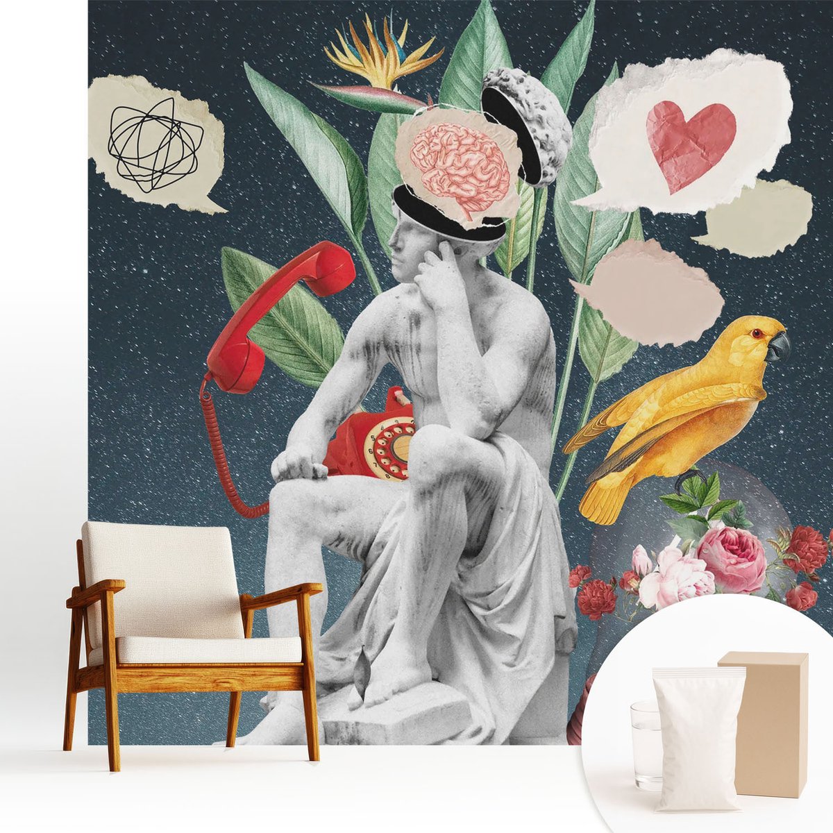 Wallfluent Fotobehang - Zwart Vliesbehang - 250x250 cm - Surrealistische Kunst Fotobehang Vlies - Woonkamer behang Deel - Muurschildering - Woonkamer behang