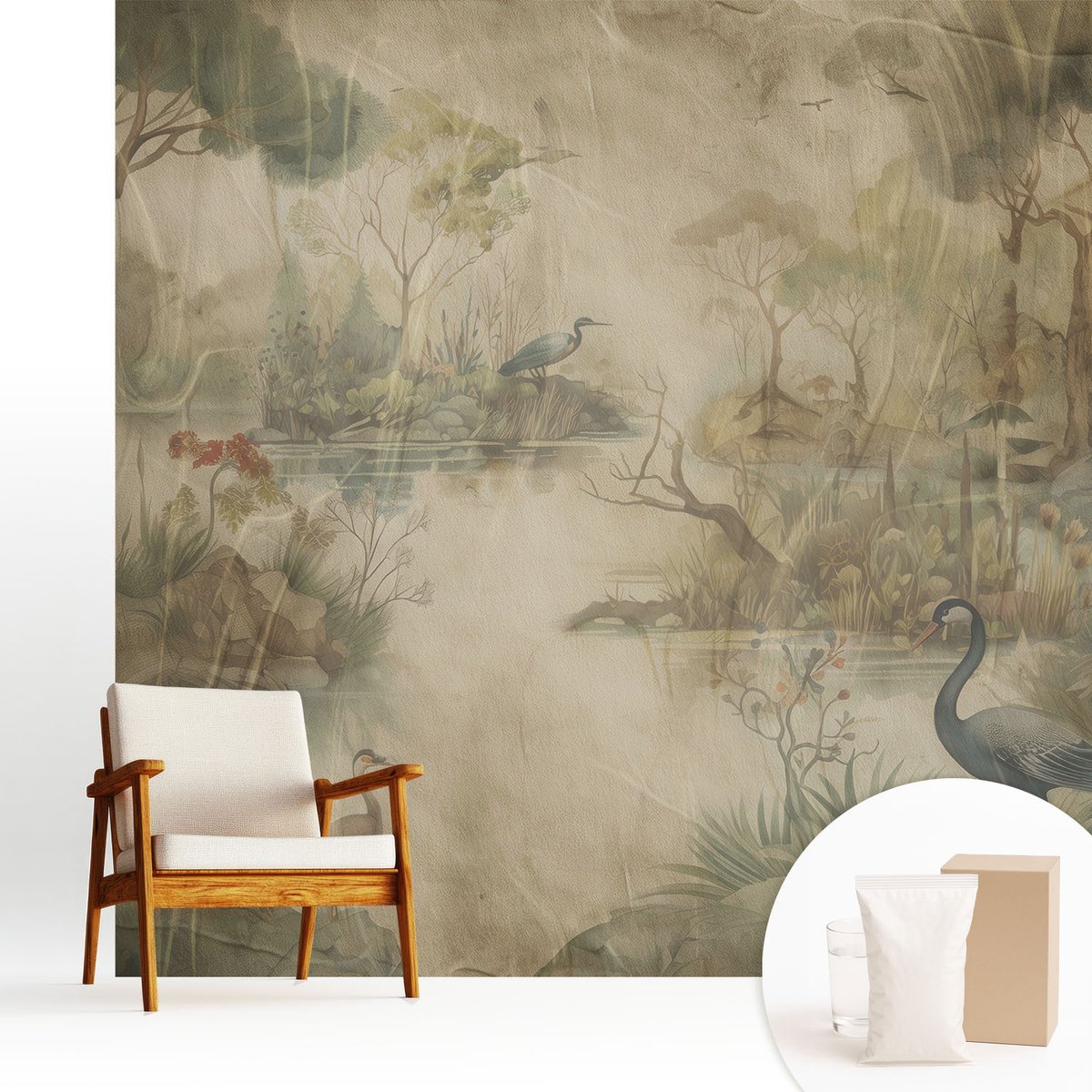 Wallfluent Fotobehang - Beige Vliesbehang - 250x250 cm - Boslandschap Muurschildering - Slaapkamer behang Bloemen En Planten - Fotobehang Vlies - Gang behang