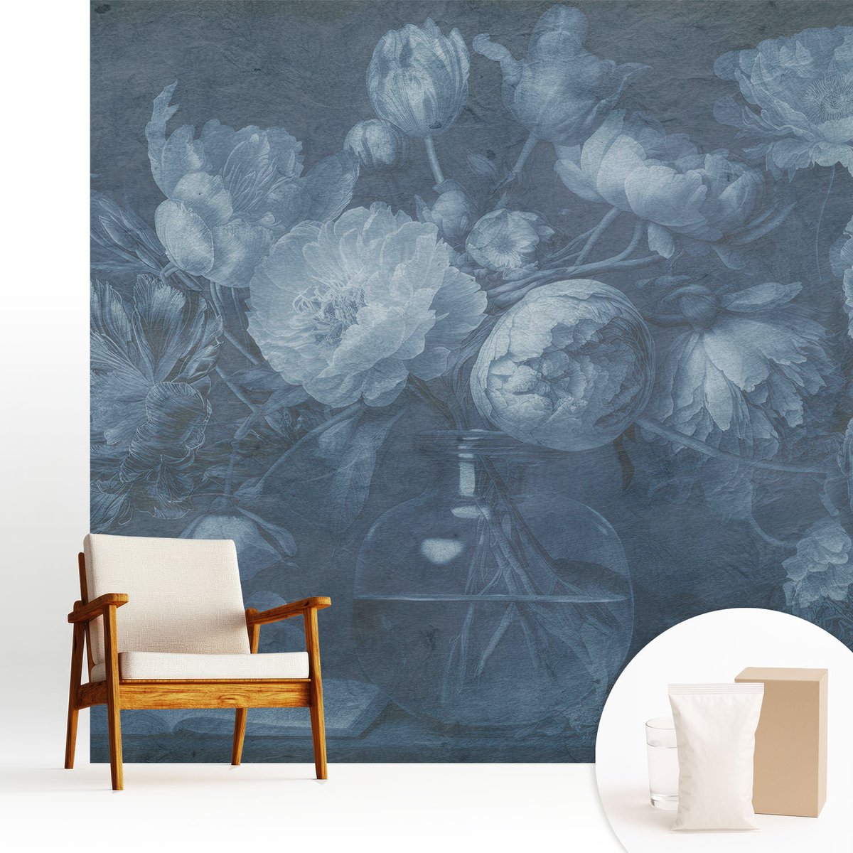 Wallfluent Fotobehang - Blauw Vliesbehang - 250x250 cm - Bloemarrangement Muurschildering - Slaapkamer behang Bloemen En Planten - Fotobehang Vlies - Slaapkamer behang