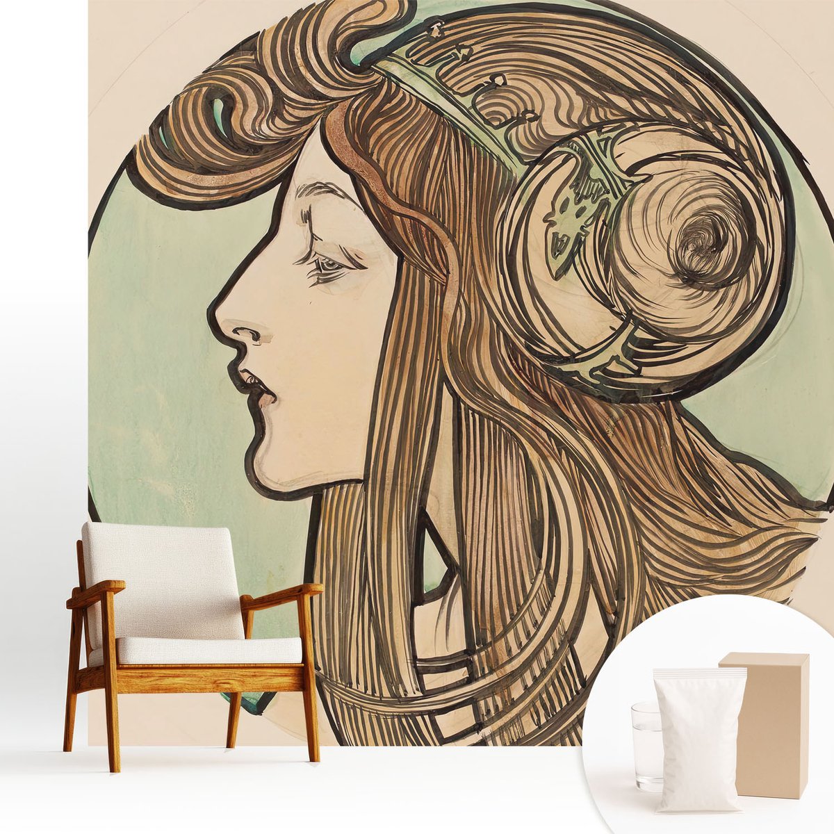 Wallfluent Fotobehang - Beige Vliesbehang - 250x250 cm - Art Nouveau-Portret Muurschildering - Gang behang Deel - Fotobehang Vlies - Slaapkamer behang