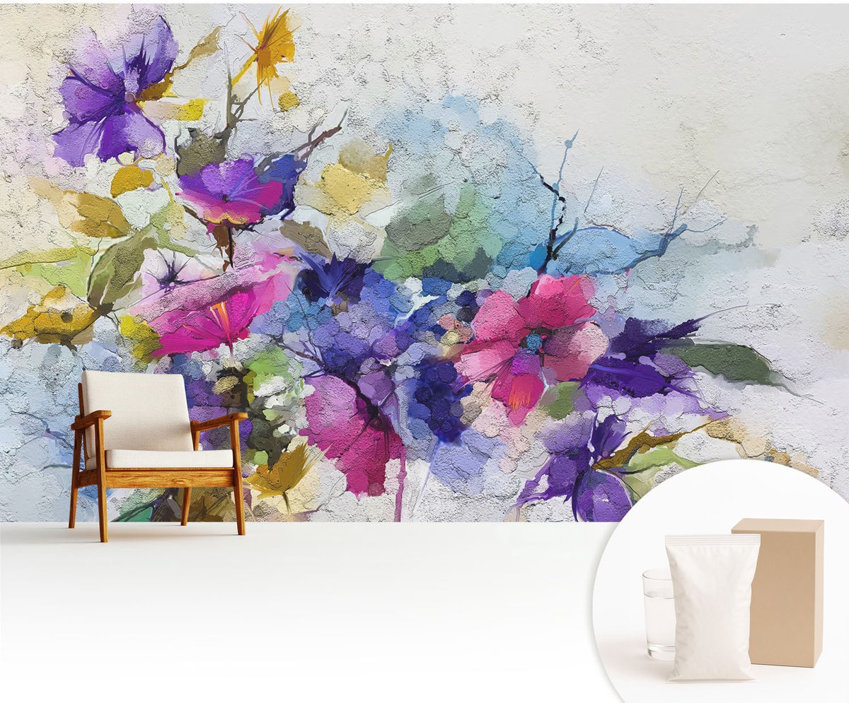 Wallfluent Fotobehang - Zwart Vliesbehang - 416x254 cm - Abstracte Bloemen Fotobehang Vlies - Hal behang Bloemen En Planten - Muurschildering - Woonkamer behang